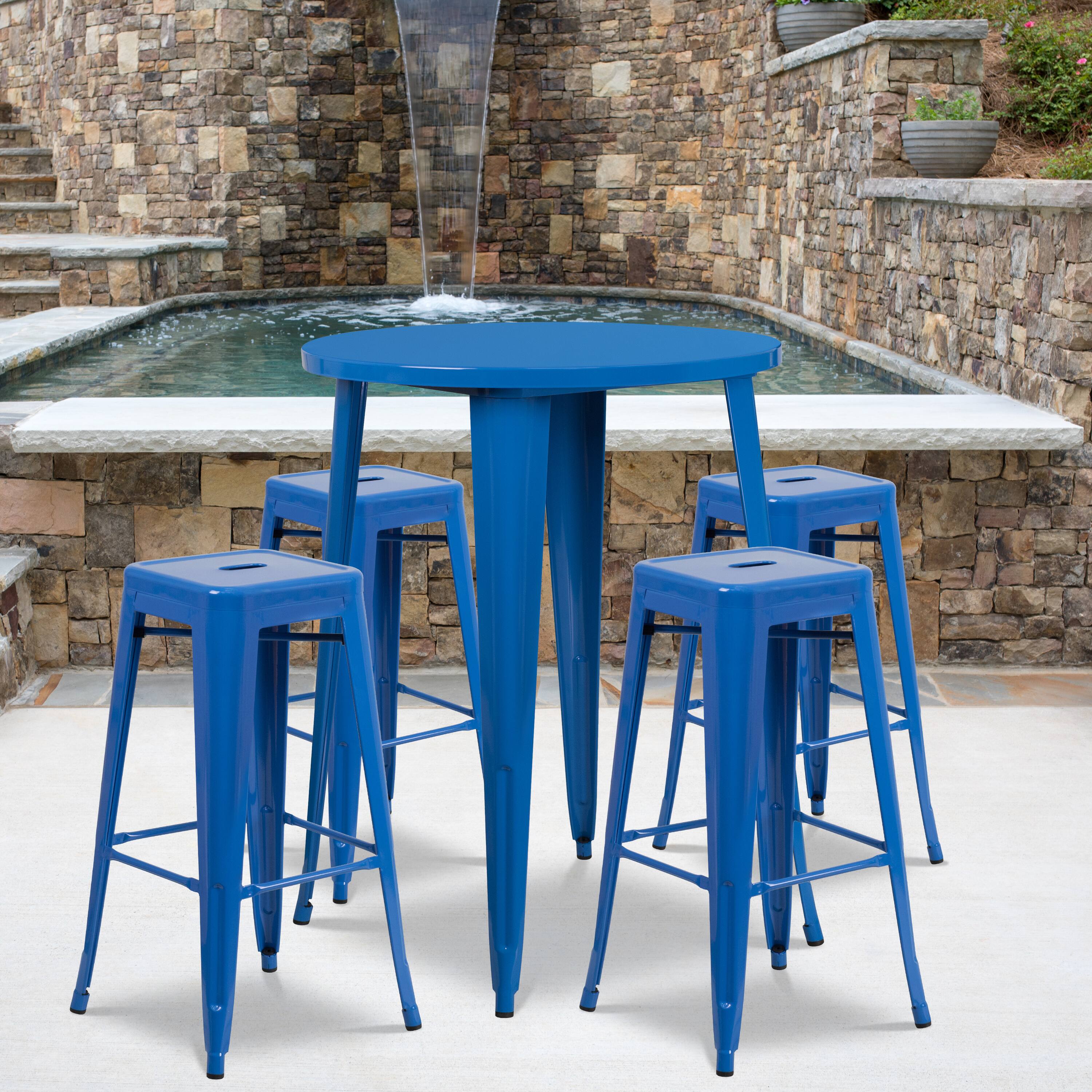 Alt View 1. Emma + Oliver - Commercial Grade 30" Round Metal Indoor-Outdoor Bar Table Set, 4 Backless Stools - Blue.