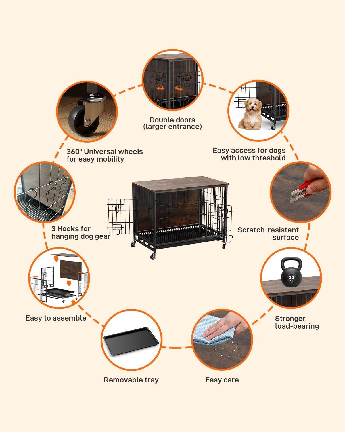 - Double doors (larger entrance)
- 360° Universal wheels for easy mobility
- Easy access for dogs with low threshold
- 3 Hooks for hanging dog gear
- Scratch-resistant surface
- Easy to assemble
- Removable tray
- Easy care
- Stronger load-bearing