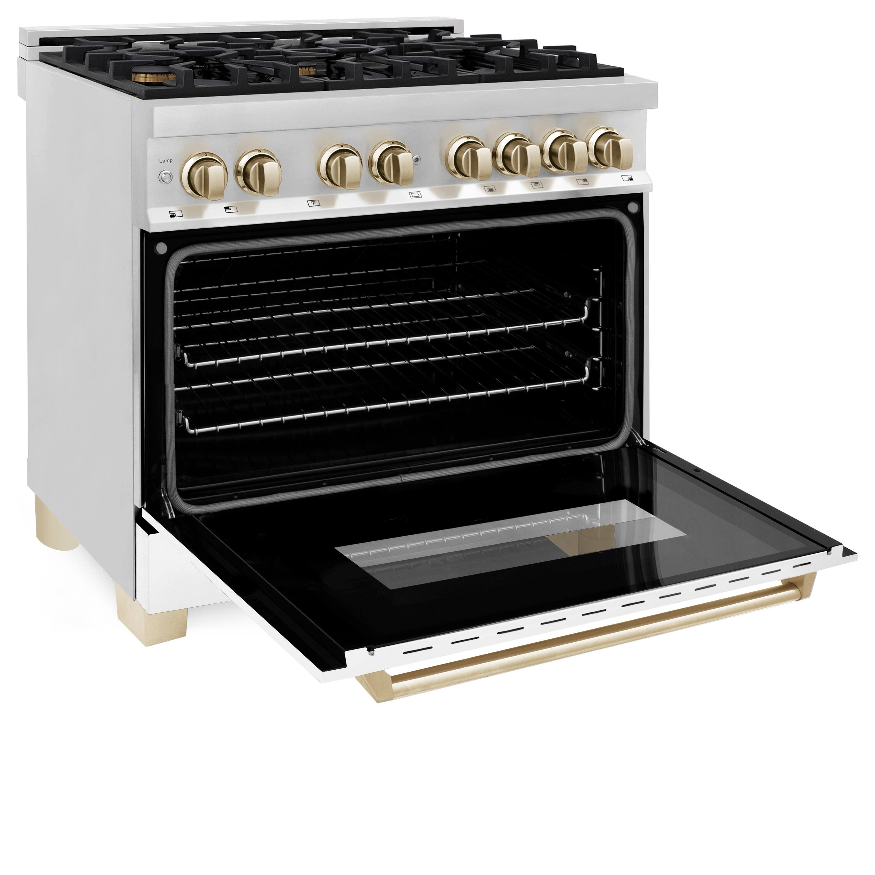 Alt View 2. ZLINE - Autograph 36" Legacy Dual Fuel Range w/ 6 Burners & White & Gold Accents (RAZ-WM-36-G) - Stainless steel.