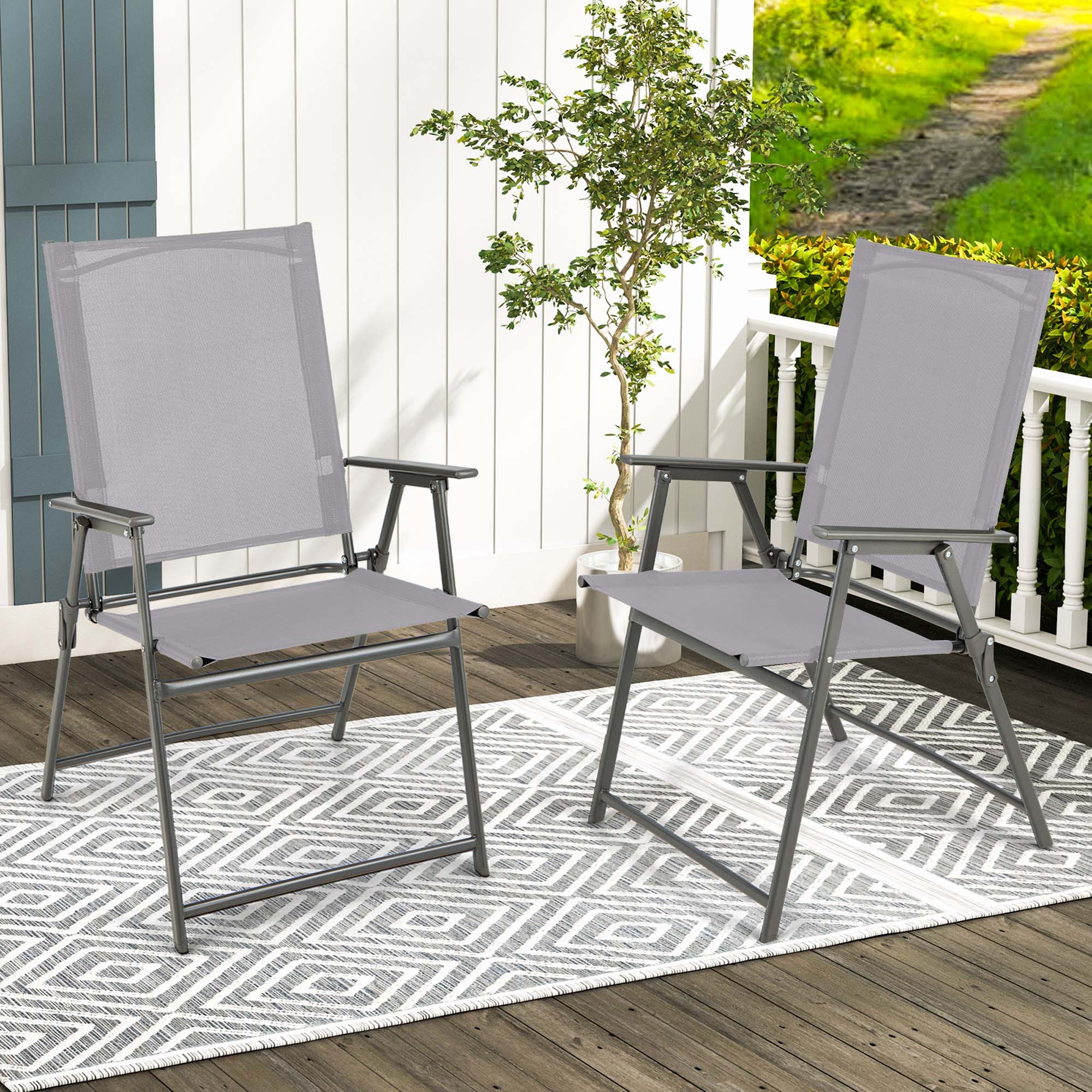 Alt View 1. Costway - Costway 2pcs Patio Folding Portable Dining Chairs Metal Frame Armrests Outdoor - Gray.