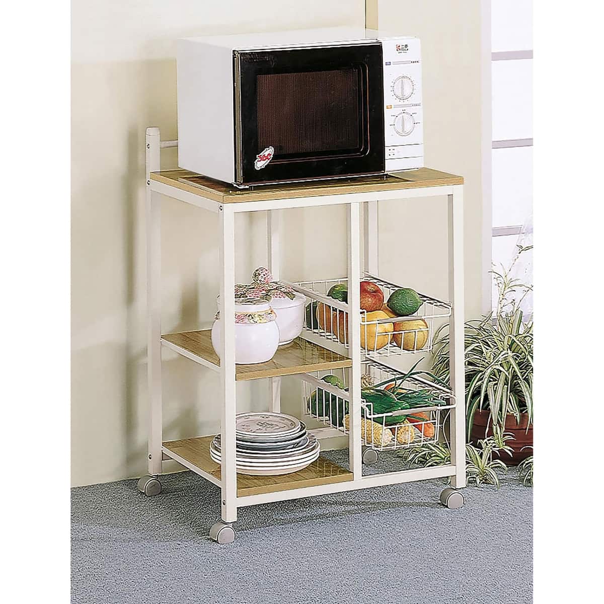 Loheer - Microwave Cart with Storage Rolling Kitchen Cart Small Kitchen Island Natural Brown - White