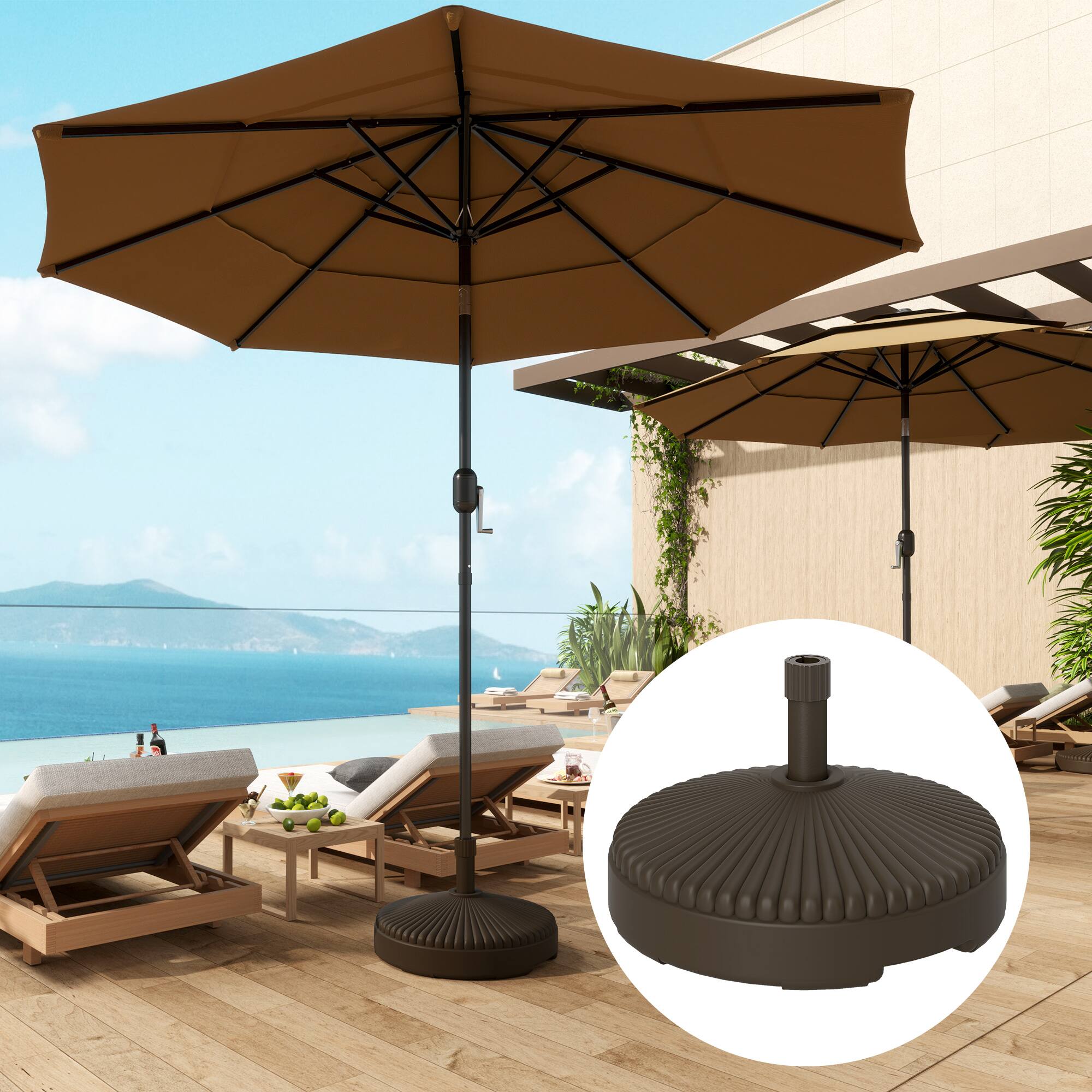 Angle. Outsunny - Round Patio Umbrella Base Holder, Heavy Duty Outdoor Umbrella Stand Base, Filled Up to 62lbs with Stand or 51lbs - Brown.