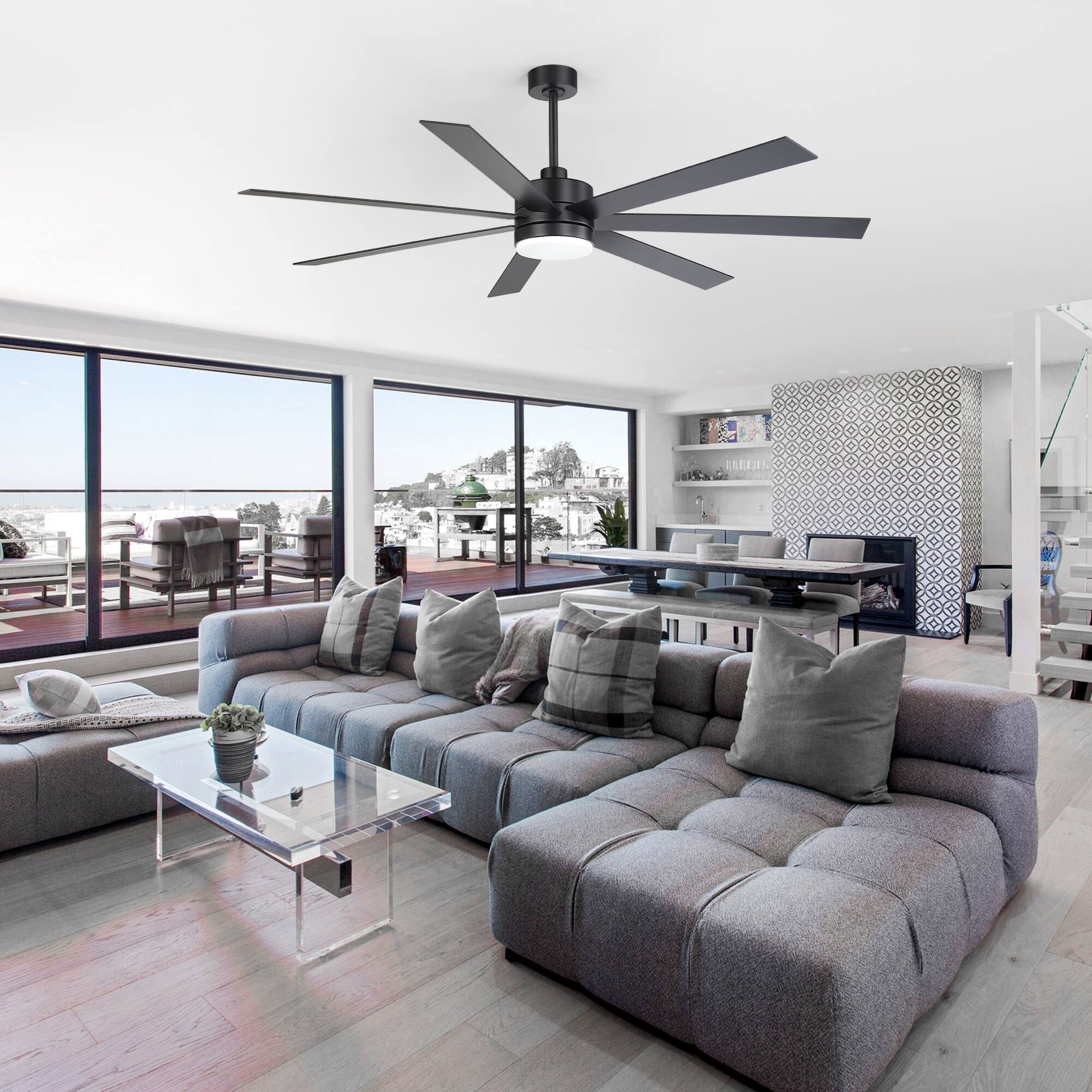 Alt View 7. Breezary - 72-Inch LED Ceiling Fan - 7 Blades, 24W LED Light, DC Motor, 6 Speeds, Memory Function, Remote Control, Timer, Downrods - Black.