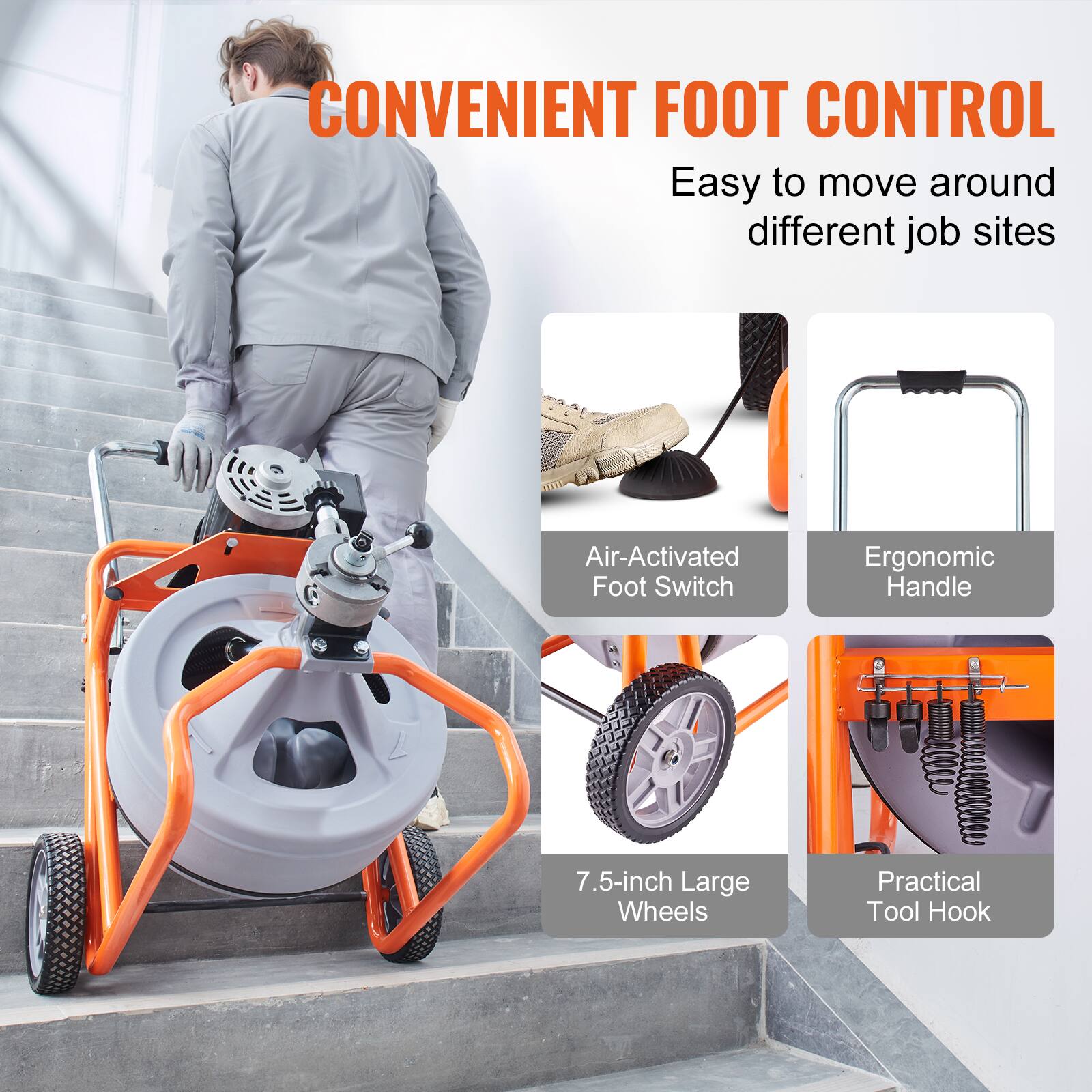 CONVENIENT FOOT CONTROL
Easy to move around different job sites
Air-Activated Foot Switch
Ergonomic Handle
7.5-inch Large Wheels
Practical Tool Hook