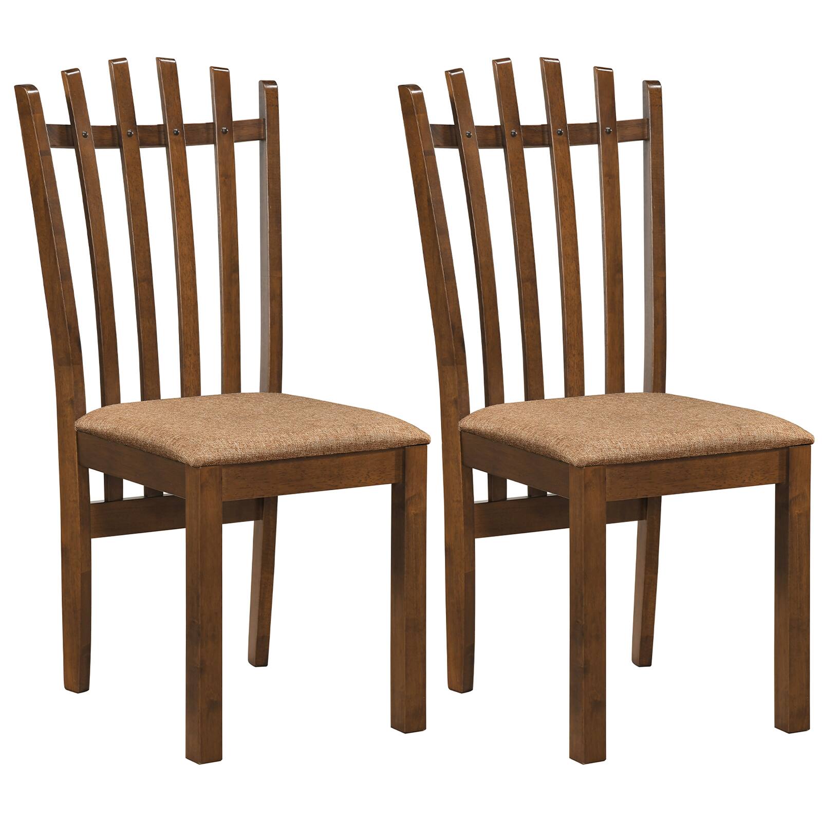 Front. Costway - Costway 2 PCS Rubber Wood Slat Back Kitchen Dining Chairs Linen Fabric Upholstered Seat - Walnut+Brown.