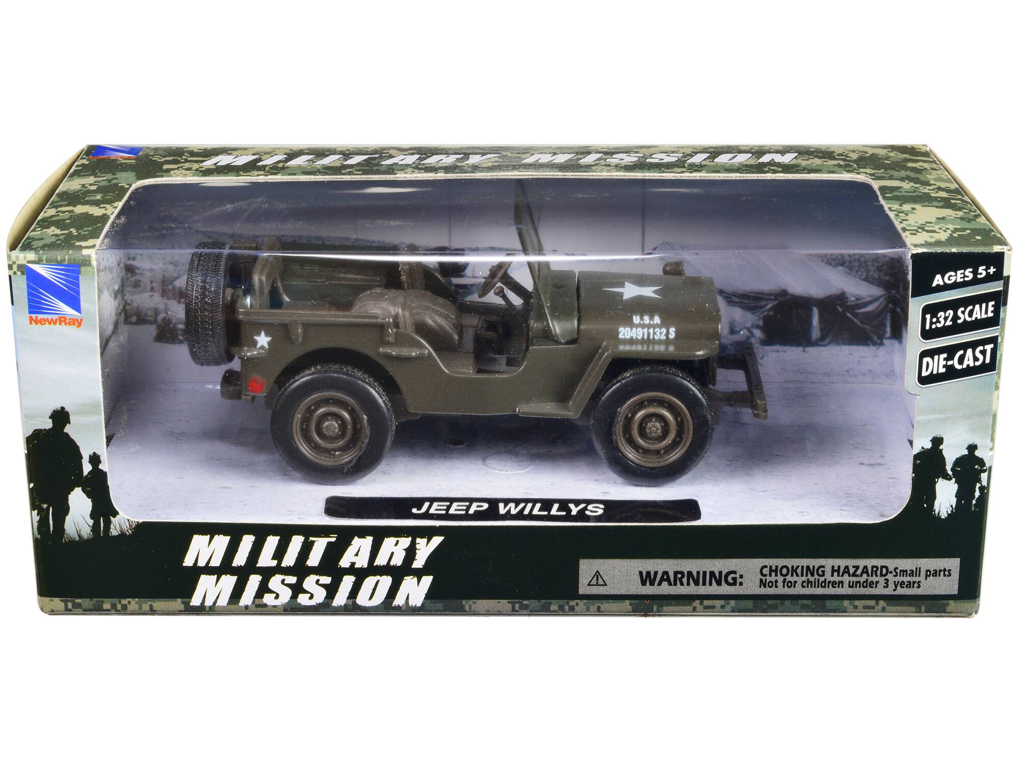 1:32 SCALE DIE-CAST JEEP WILLYS  
MILITARY MISSION  
AGES 5+  
WARNING: CHOKING HAZARD - Small parts Not for children under 3 years  
U.S.A 20491132 S  
1:32 SCALE DIE-CAST  
AGES 5+  
CHOKING HAZARD - Small parts Not for children under 3 years  
NewRay