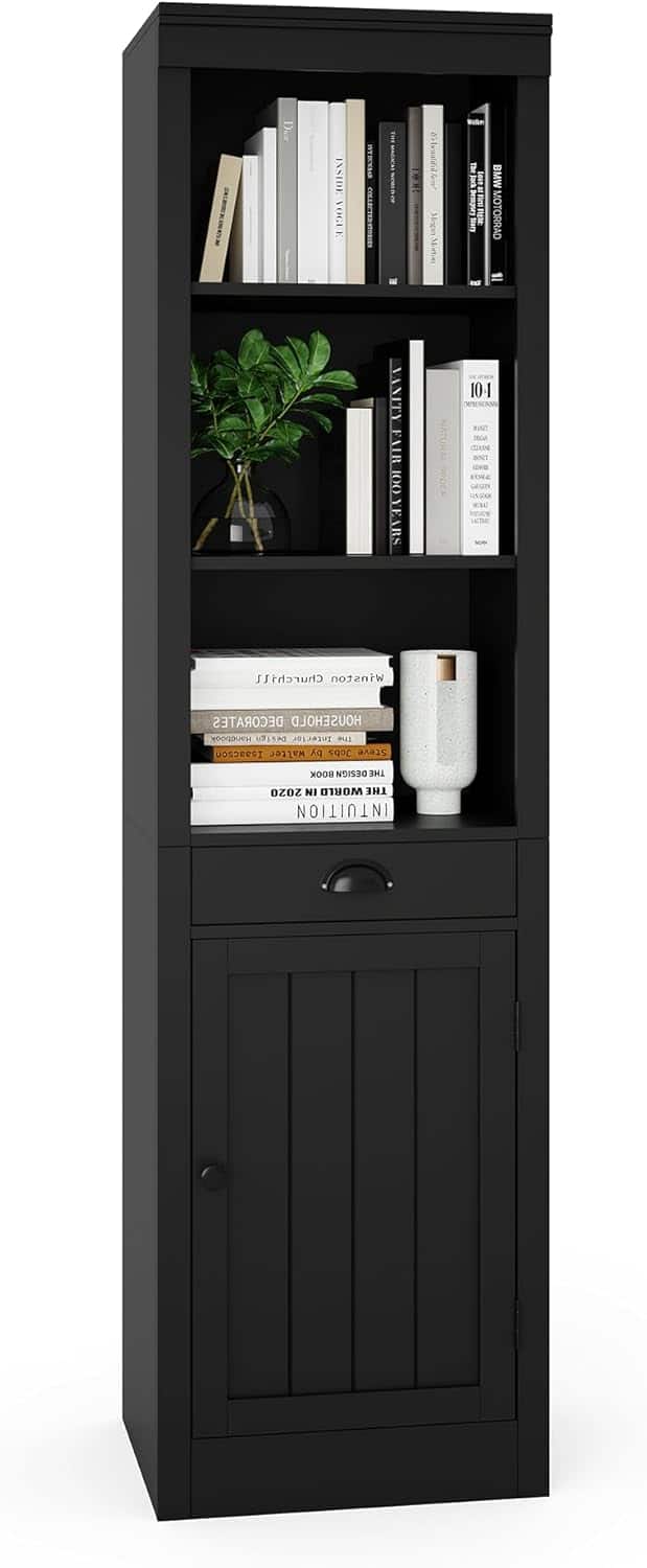Homhougo - 3-Shelf Bookcase with Cabinet, 71" Tall Storage Bookshelf with Open Shelves and Door Organizer, Modern Book Shelf - Black