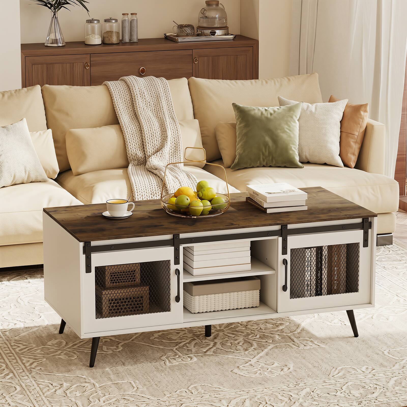 Alt View 4. Costway - Costway 48" Farmhouse Coffee Table with Sliding Doors Adjustable Shelf Storage Compartments - Rustic Brown + White.
