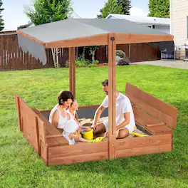U-HOMY - Kids Wooden Sandbox with Adjustable Canopy, Foldable Bench Seats, and Weather-Resistant Cover