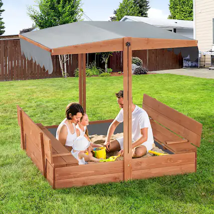 Front. U-HOMY - Kids Wooden Sandbox with Adjustable Canopy, Foldable Bench Seats, and Weather-Resistant Cover.