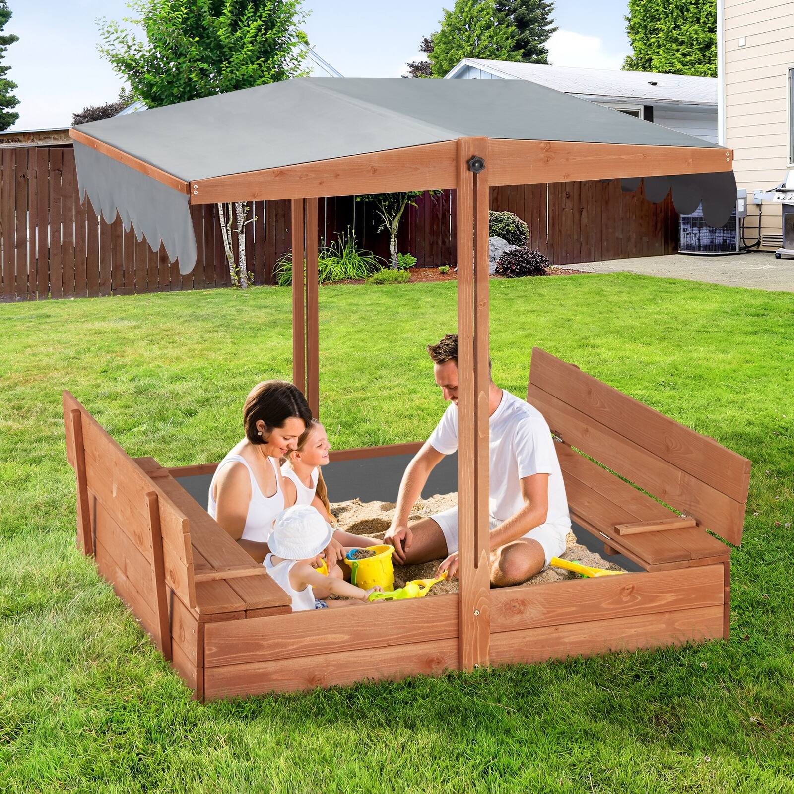 Front. U-HOMY - Kids Wooden Sandbox with Adjustable Canopy, Foldable Bench Seats, and Weather-Resistant Cover.