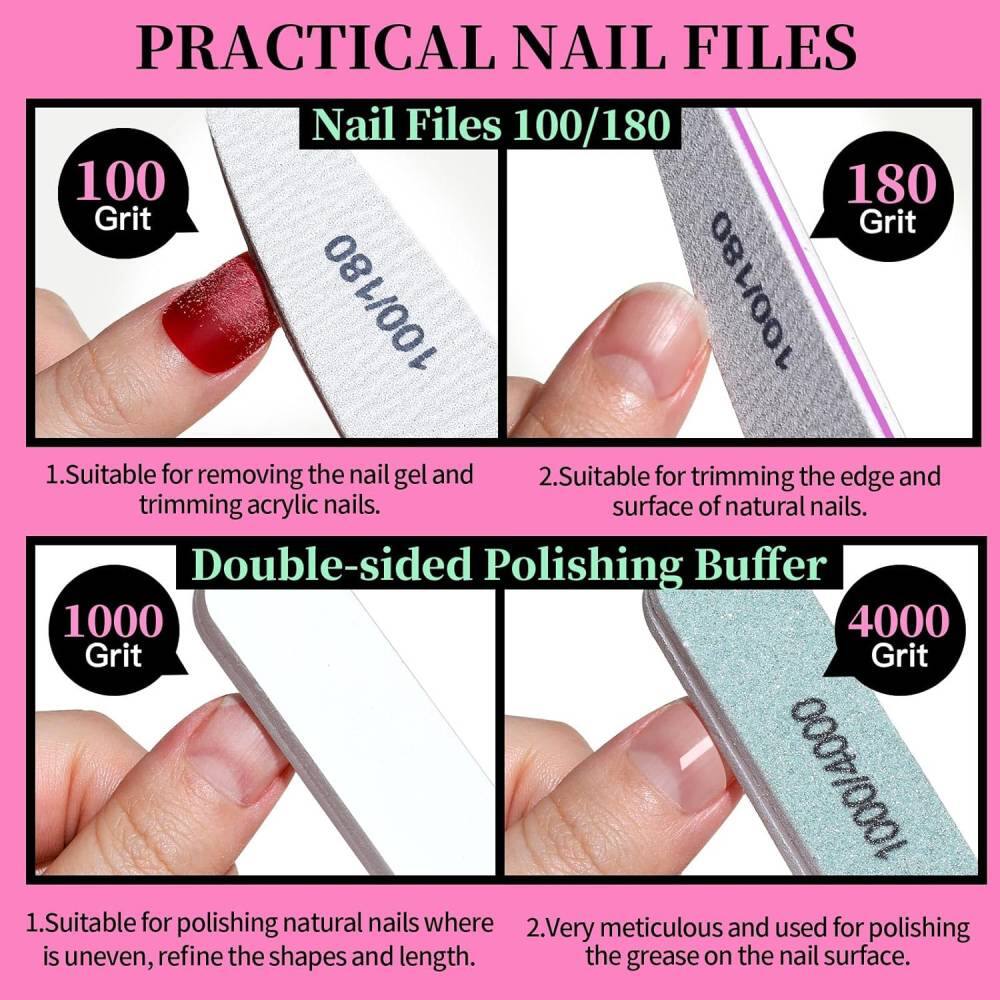 **PRACTICAL NAIL FILES**

**Nail Files 100/180**

- **100 Grit**
  - 1. Suitable for removing the nail gel and trimming acrylic nails.

- **180 Grit**
  - 2. Suitable for trimming the edge and surface of natural nails.

**Double-sided Polishing Buffer**

- **1000 Grit**
  - 1. Suitable for polishing natural nails where the surface is uneven, refine the shapes and length.

- **4000 Grit**
  - 2. Very meticulous and used for polishing the grease on the nail surface.