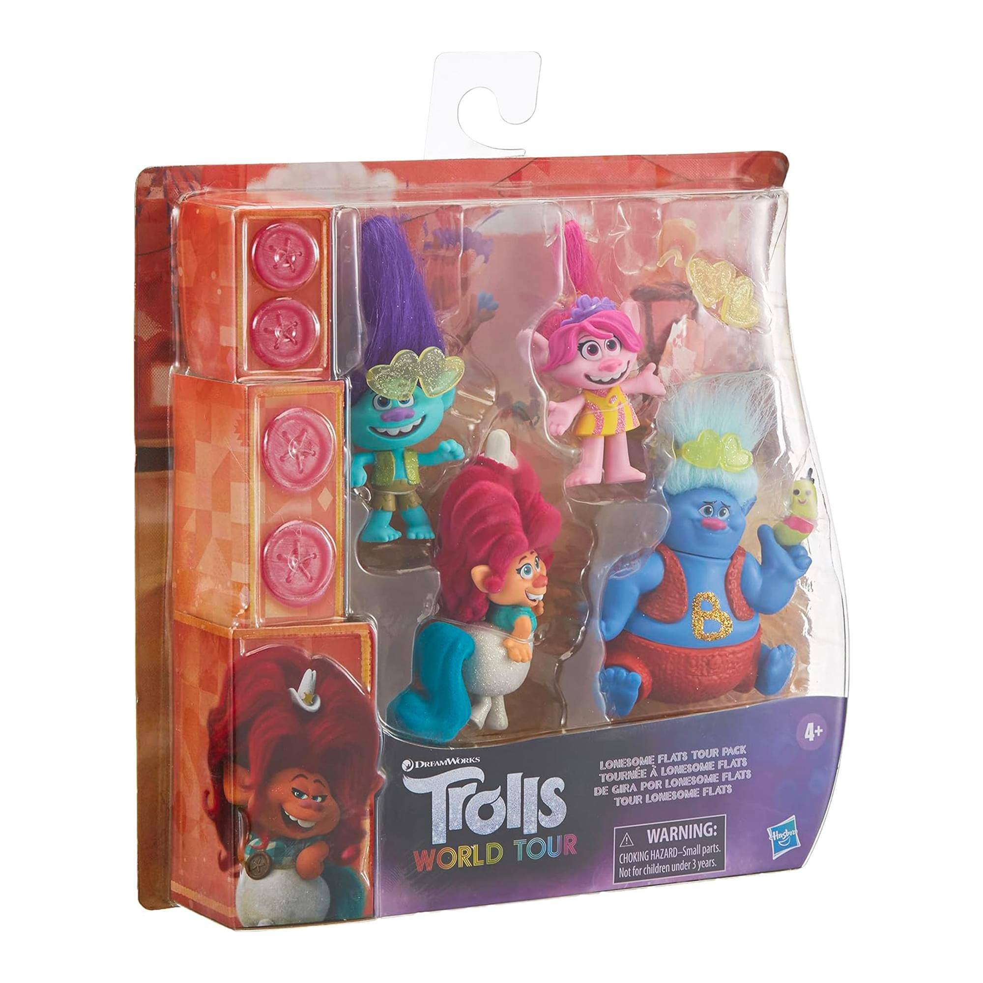 4+ TOUR PACK  
DREAMWORKS TROLLS WORLD TOUR  
LONESOME FLATS TOUR PACK  
TOURNEE DE LONESOME FLATS  
GIRA POR LONESOME FLATS  
TOUR LONESOME FLATS  

WARNING: CHOKING HAZARD - Small parts. Not for children under 3 years.