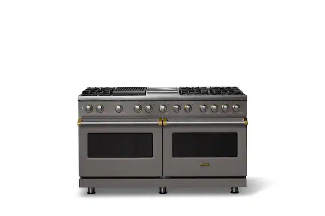 Front. Viking - Pro 5 Series 9.4 Cu. Ft. Freestanding Sealed 8B LP DF Convection Range/Grdl/Grill - Damascus Gray w. Brushed Brass Trim - Damascus Gray.