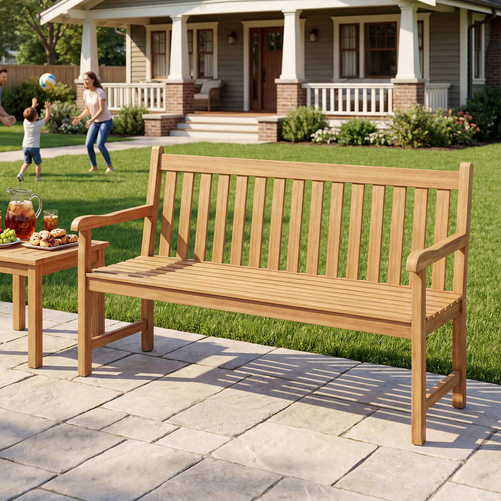 Alt View 3. Gymax - Gymax 62'' Teak Porch Bench 3-Seat Solid Wood Garden Patio Bench w/ Armrests &Backrest - Yellow.