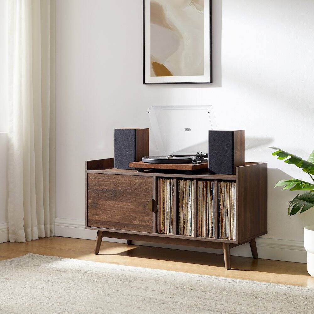Alt View 1. Crosley Furniture - Skylar Mid-Century Record Player Cabinet with Vinyl Storage, Turntable Stand - Brown.