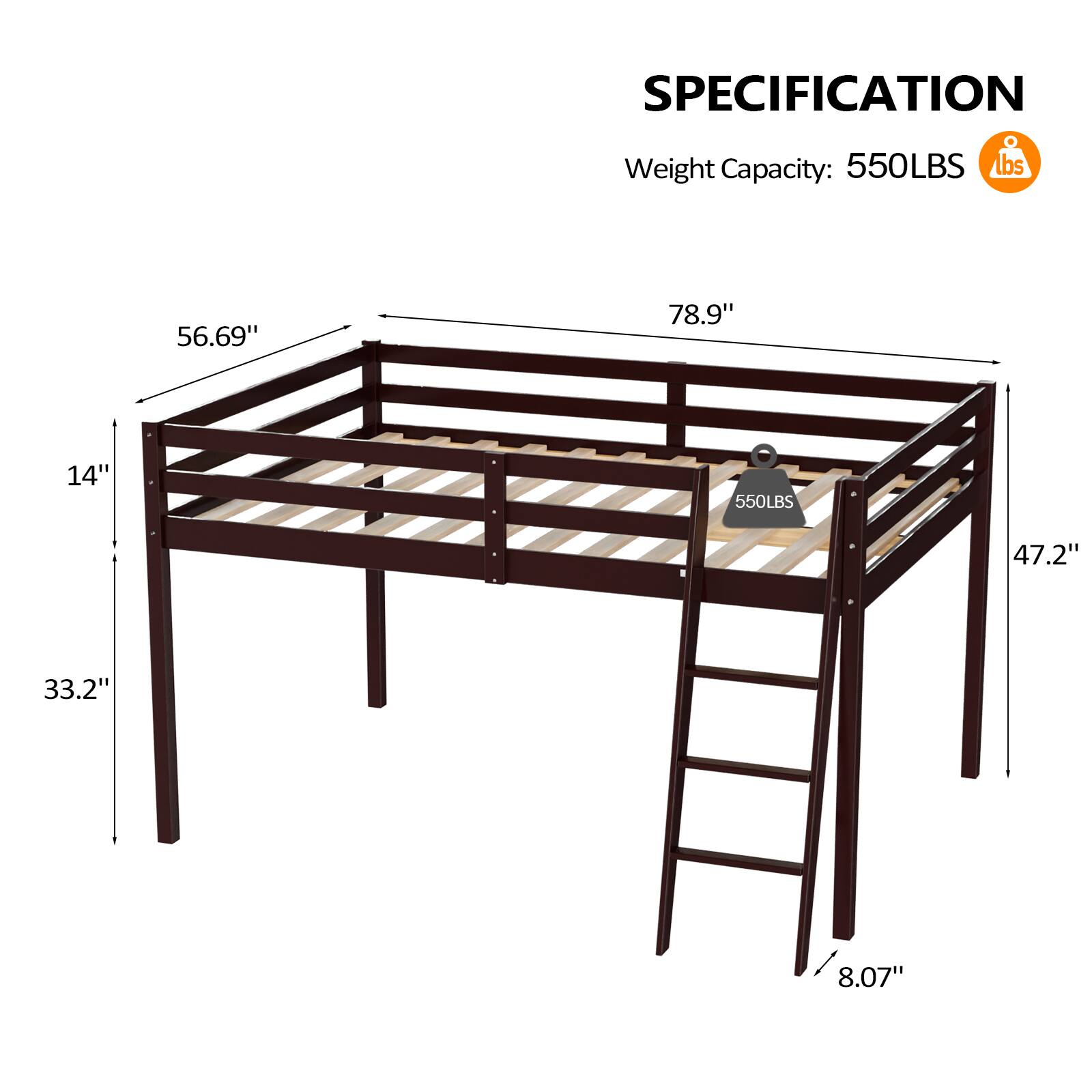 SPECIFICATION  
Weight Capacity: 550LBS  
56.69" x 78.9" x 14"  
47.2" x 33.2" x 8.07"