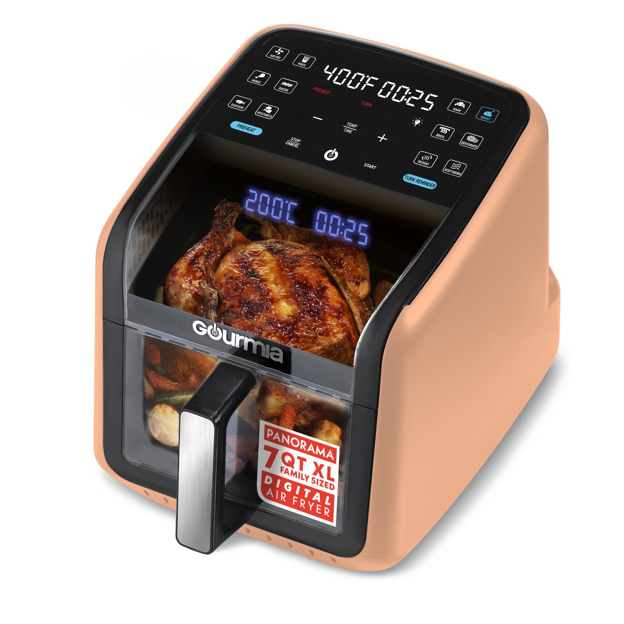 Gourmia - 7 Qt Air Fryer with 3D Holographic Display, Easy-View Window, Interior Light, 12 Presets - Peach