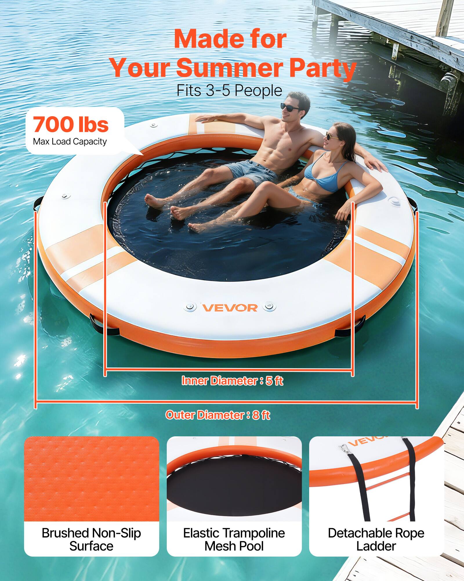 Made for Your Summer Party  
Fits 3-5 People  
700 lbs Max Load Capacity  

Inner Diameter: 5 ft  
Outer Diameter: 8 ft  

VEVOR  
Brushed Non-Slip Surface  
Elastic Trampoline Mesh Pool  
Detachable Rope Ladder