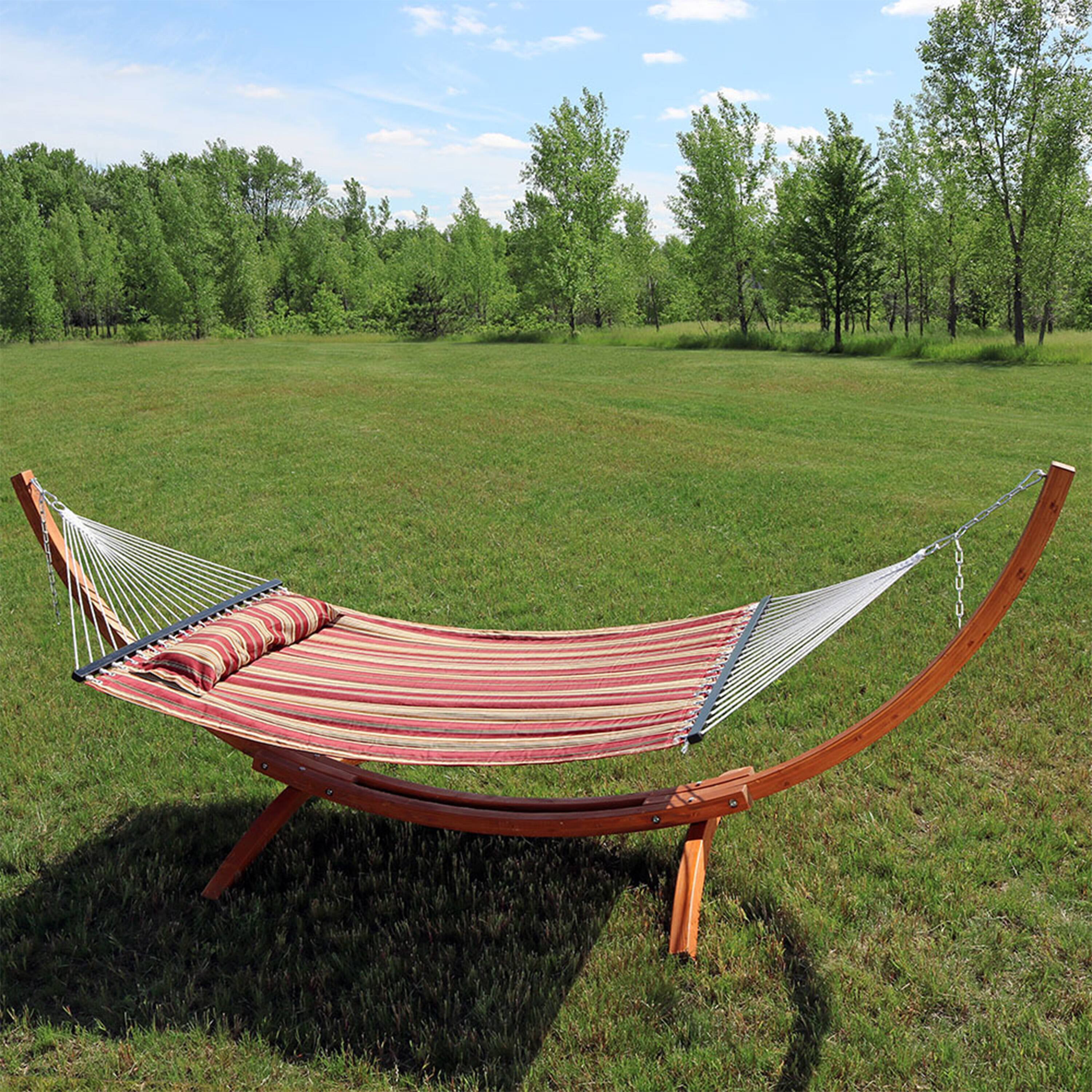 Alt View 3. Sunnydaze - 2-Person Quilted Hammock with Curved Wooden Stand - Red Stripe.