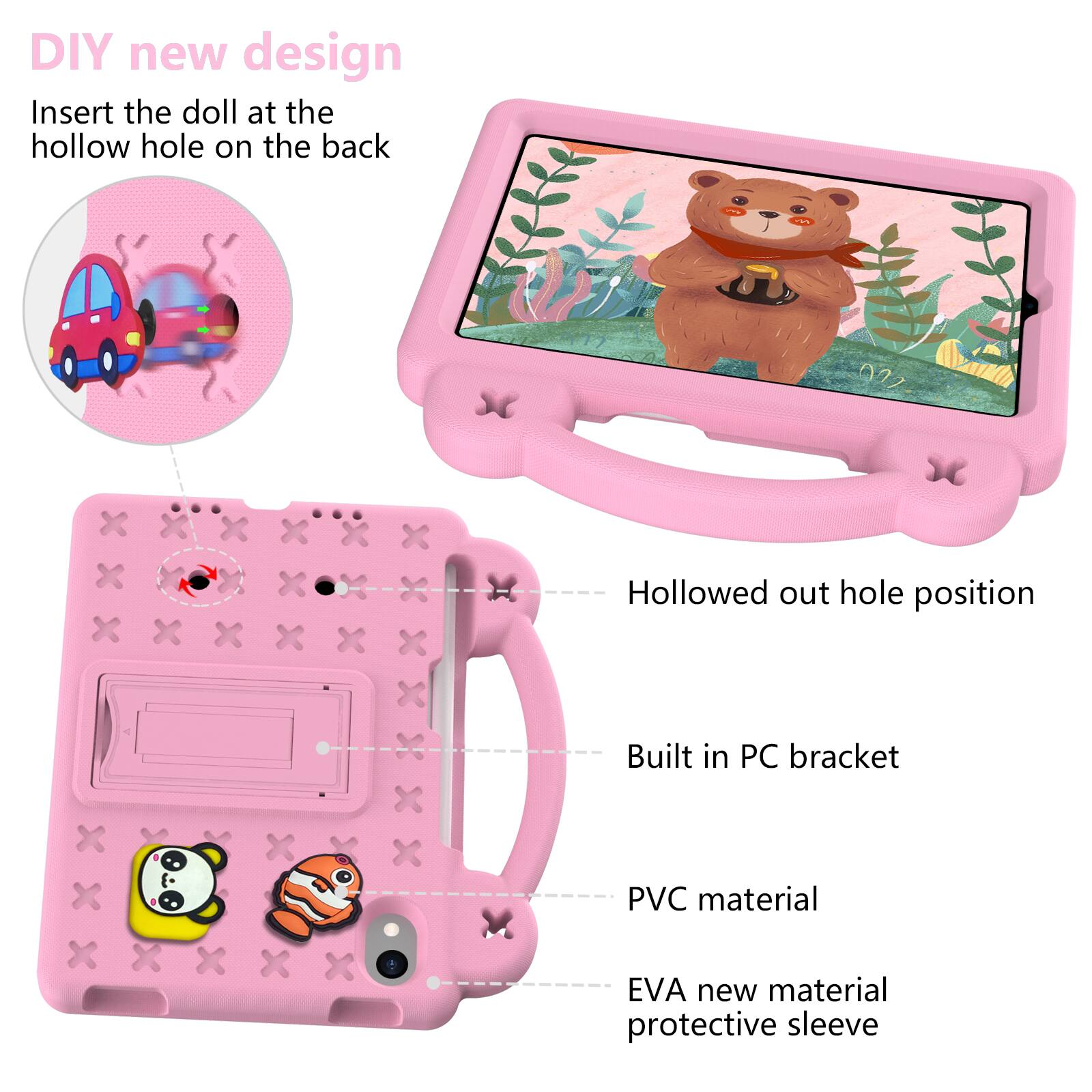 DIY new design  
Insert the doll at the hollow hole on the back  

Hollowed out hole position  
Built in PC bracket  
PVC material  
EVA new material protective sleeve