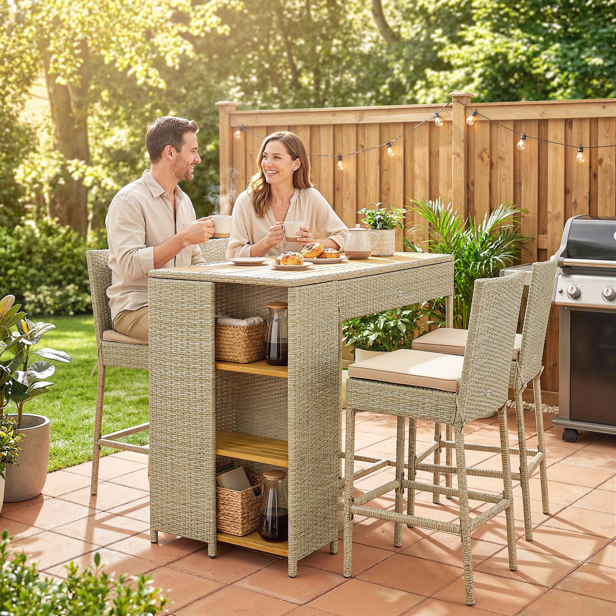 Alt View 1. Outsunny - Piece Wicker Outdoor Bar Set, Acacia Wood Outdoor High Top Table and Chairs with 3 Tier Shelves - Brown.