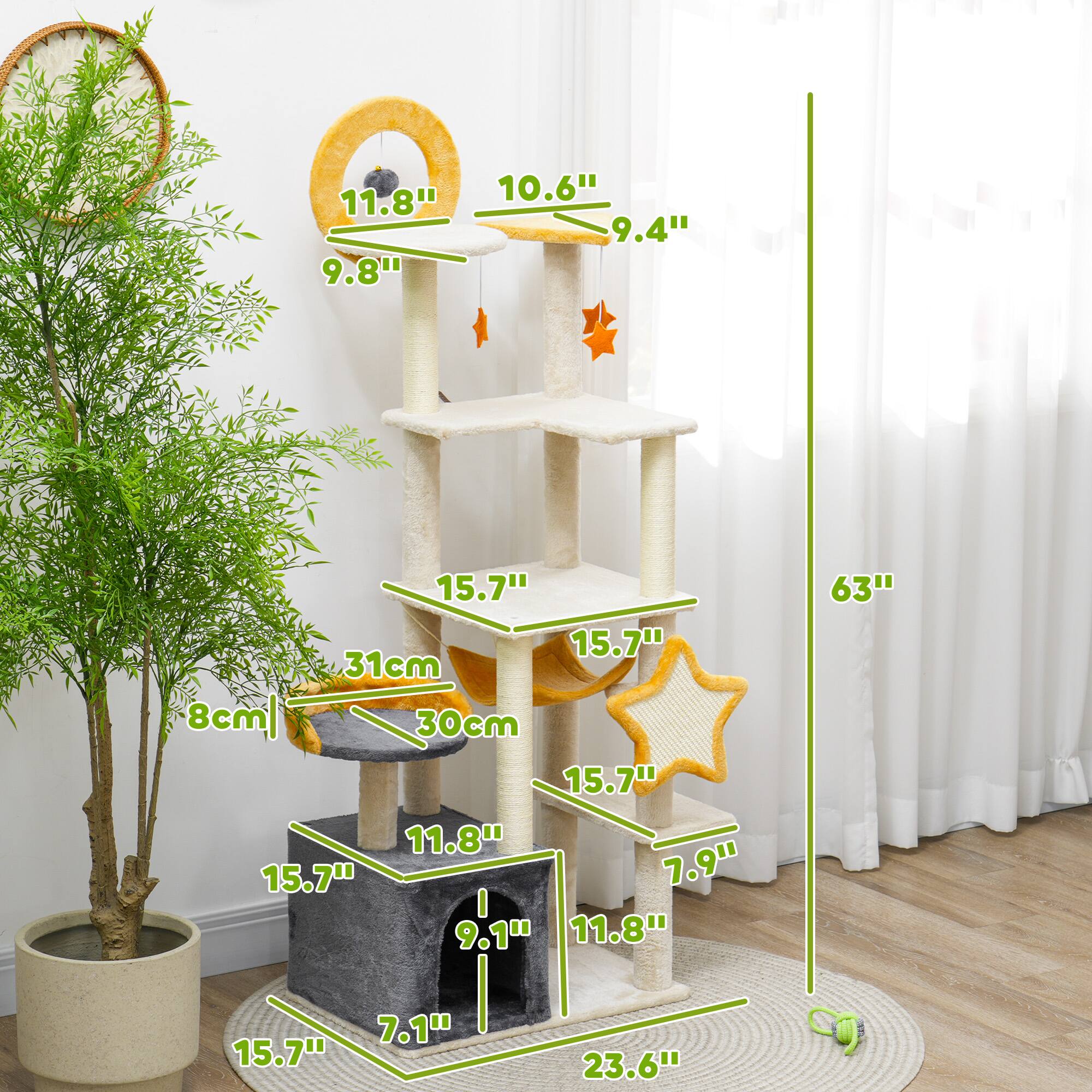 Left. Pawhut - 63" Cat Tower for Large Adult Indoor Cats, Moon and Star Themed with Scratching Post, Hammock, Condo, Bed, Board & Toys - Beige.