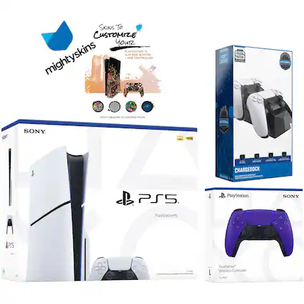 **mighty skins**
**Skins To Customize Your PS5 Slim Disc Edition**
**PlayStation 5 Slim Disc Edition**
**One Controller**
**Many Designs To Choose From!**
**SONY**
**PlayStation 5**
**4K HDR**
**CHARGEDOCK**
**PlayStation**
**DualSense Wireless Controller**
**For PS5**