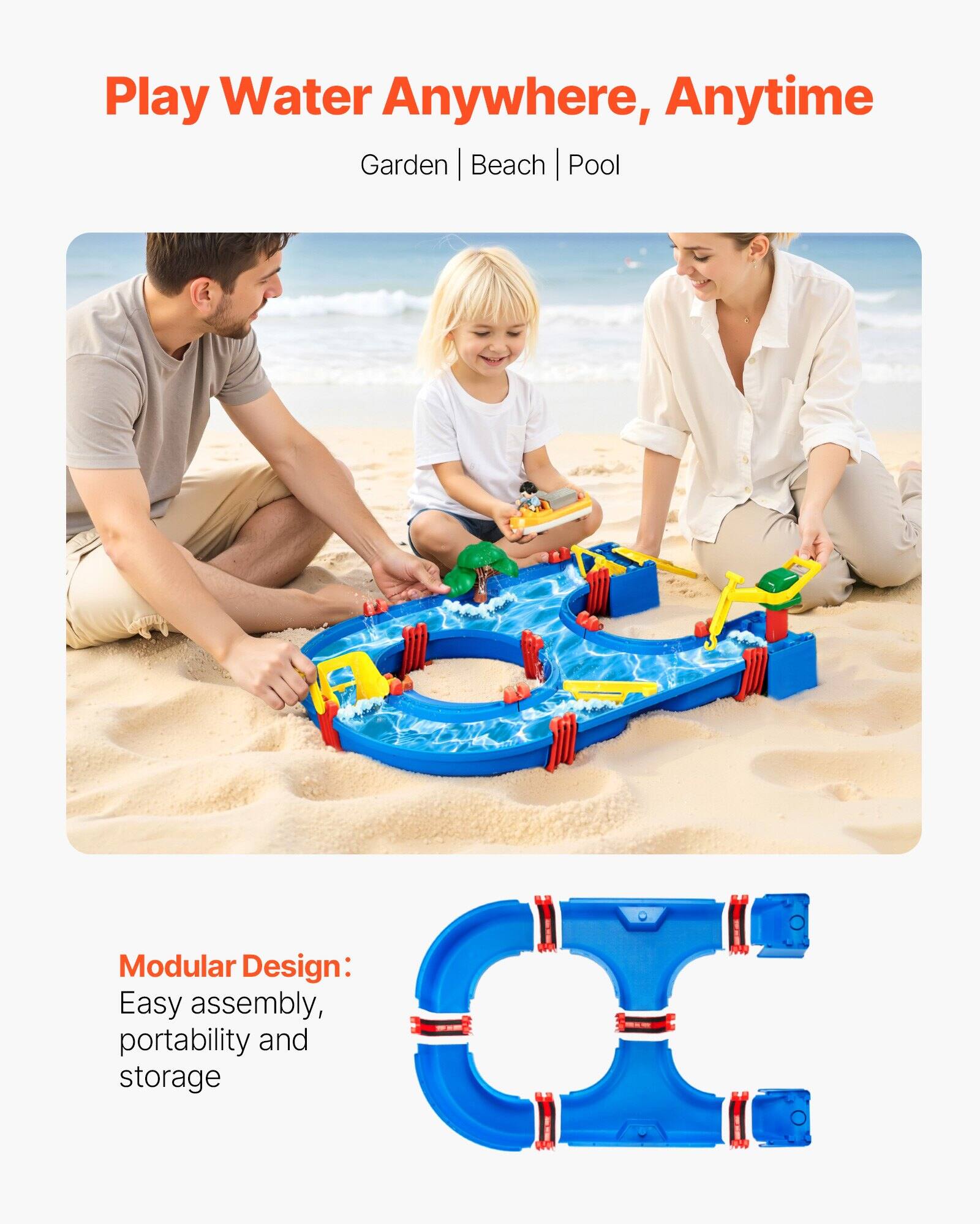 Play Water Anywhere, Anytime  
Garden | Beach | Pool  

Modular Design:  
Easy assembly, portability and storage