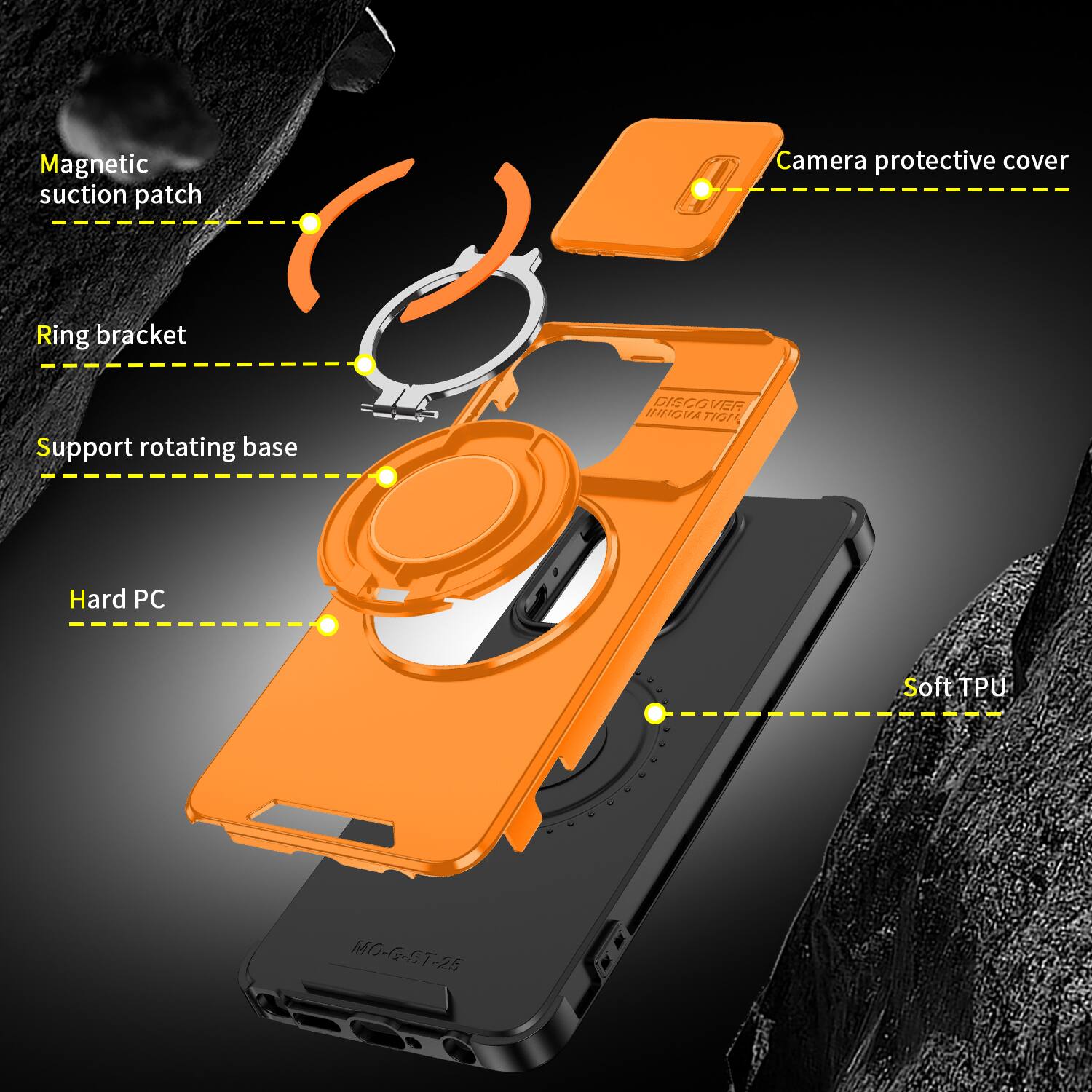 Magnetic suction patch  
Camera protective cover  
Ring bracket  
Support rotating base  
INNOVA DISCOVER INNOVATION  
Hard PC  
Soft TPU  
MO-G-ST-25