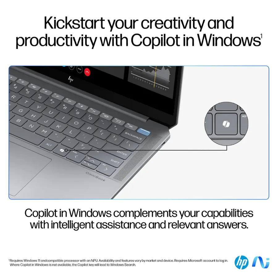 Kickstart your creativity and productivity with Copilot in Windows. Copilot in Windows complements your capabilities with intelligent assistance and relevant answers. Requires Windows 11 and a compatible processor with an NPU. Availability and features vary by market and device. Requires a Microsoft account to log in. Where Copilot in Windows is not available, the Copilot key will load to Windows Search.