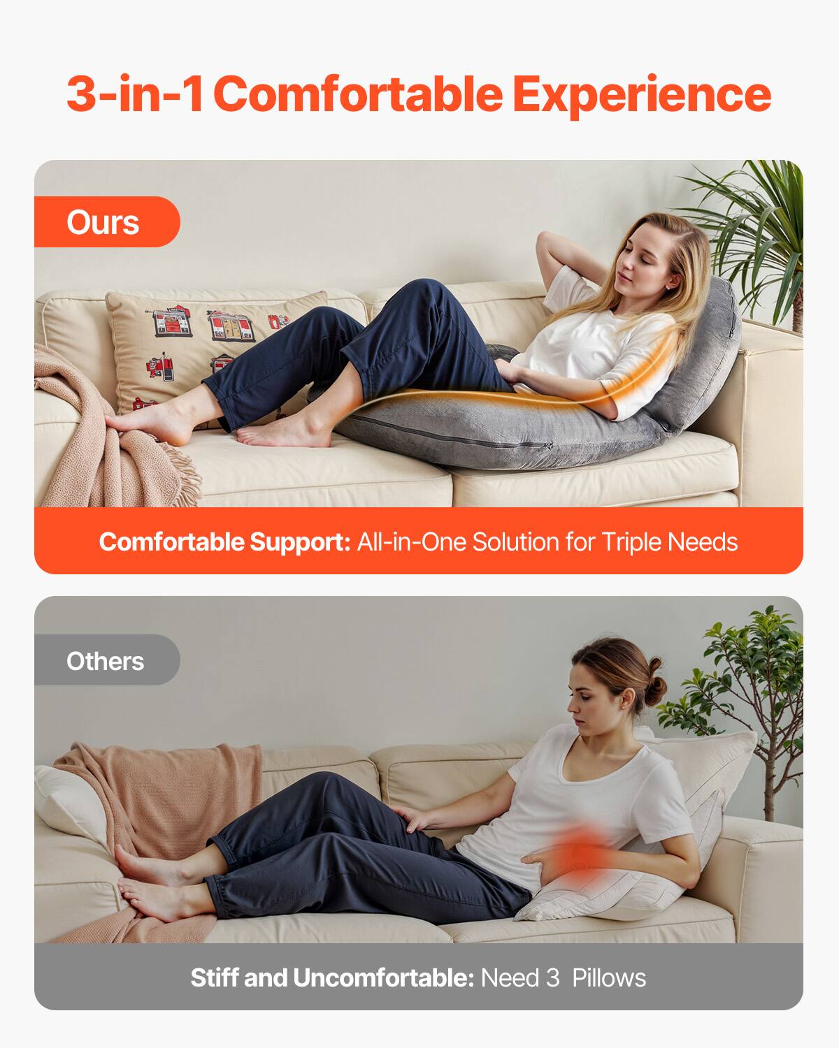 3-in-1 Comfortable Experience

Ours

Comfortable Support: All-in-One Solution for Triple Needs

Others

Stiff and Uncomfortable: Need 3 Pillows