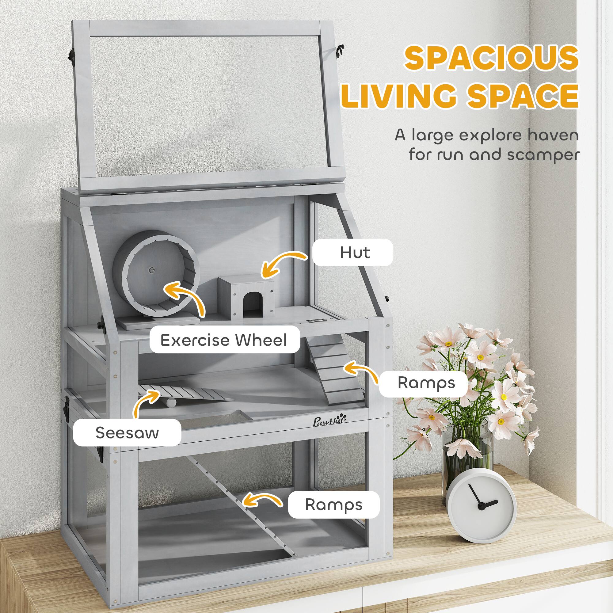 SPACIOUS LIVING SPACE  
A large explore haven for run and scamper  

- Hut  
- Exercise Wheel  
- Seesaw  
- Ramps  
- Ramps