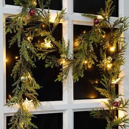 PARKER SLATER - 6ft Artificial Christmas Garland with LED Lights, Red & Gold Ornaments - Green