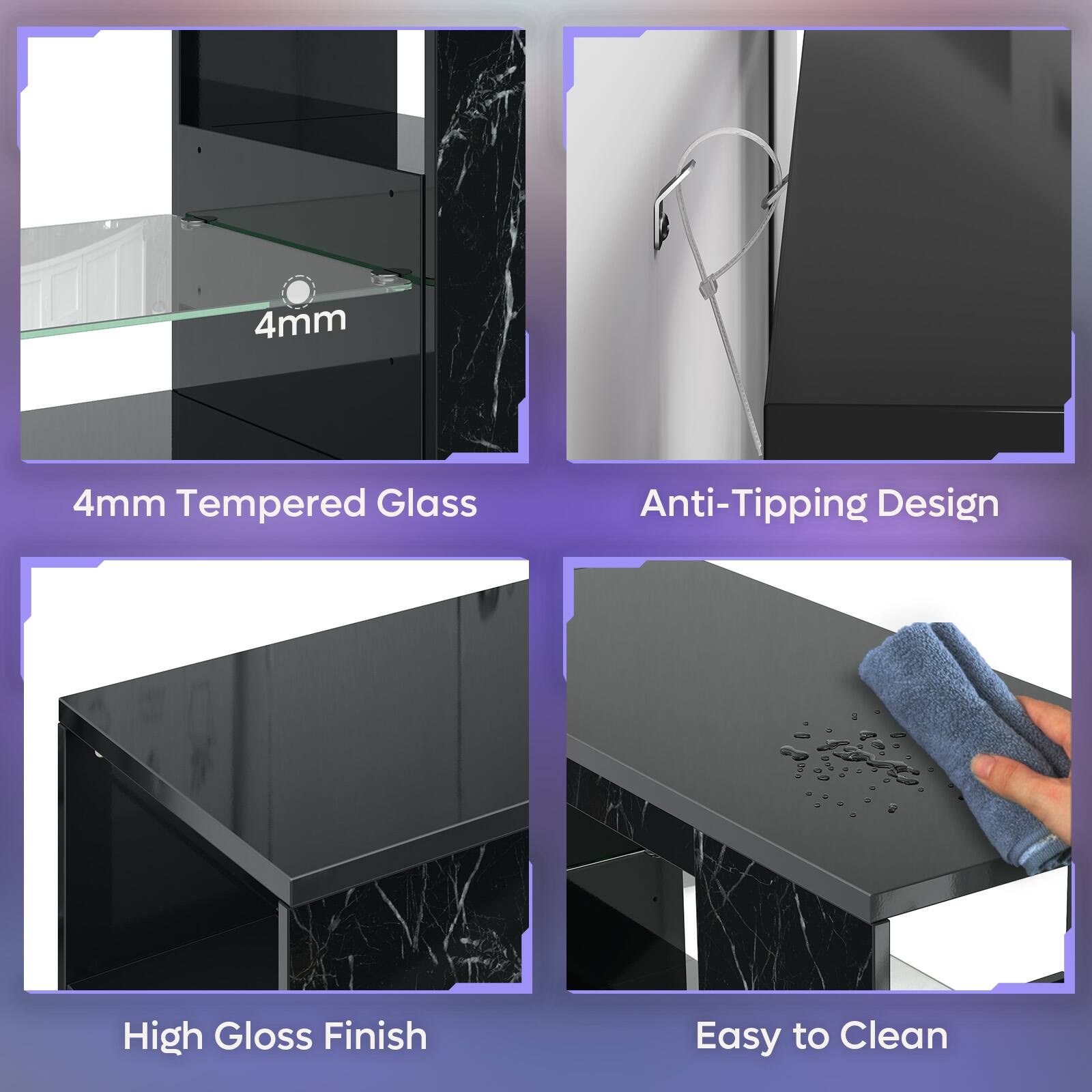 The image shows a table made of 4mm tempered glass, which is designed to prevent tipping. The table has a high gloss finish, making it easy to clean.