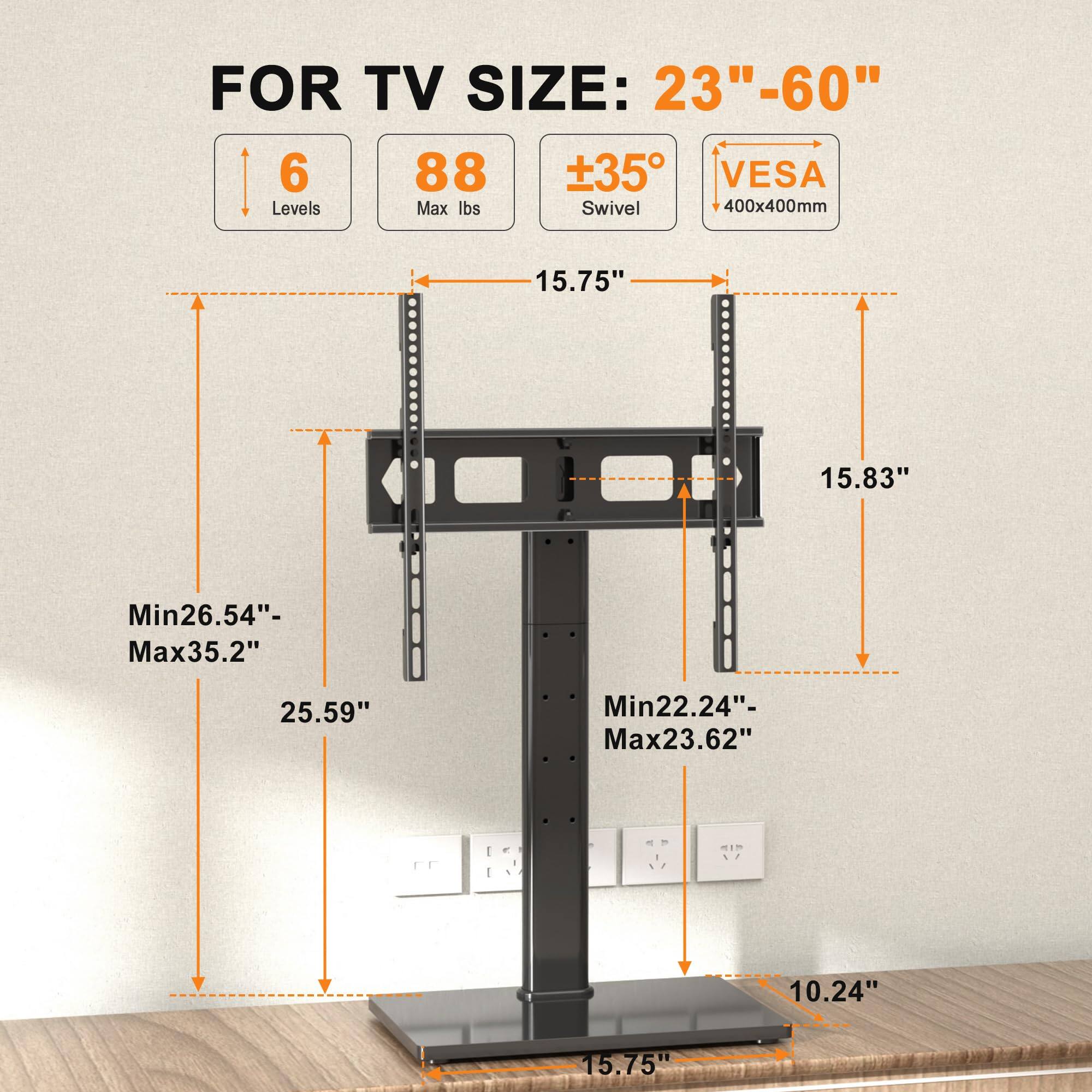 FOR TV SIZE: 23"-60"

- 6 Levels
- 88 Max lbs
- ±35° Swivel
- VESA 400x400mm

- 15.75"
- 15.83"
- Min26.54" - Max35.2"
- Min22.24" - Max23.62"
- 10.24"
- 15.75"