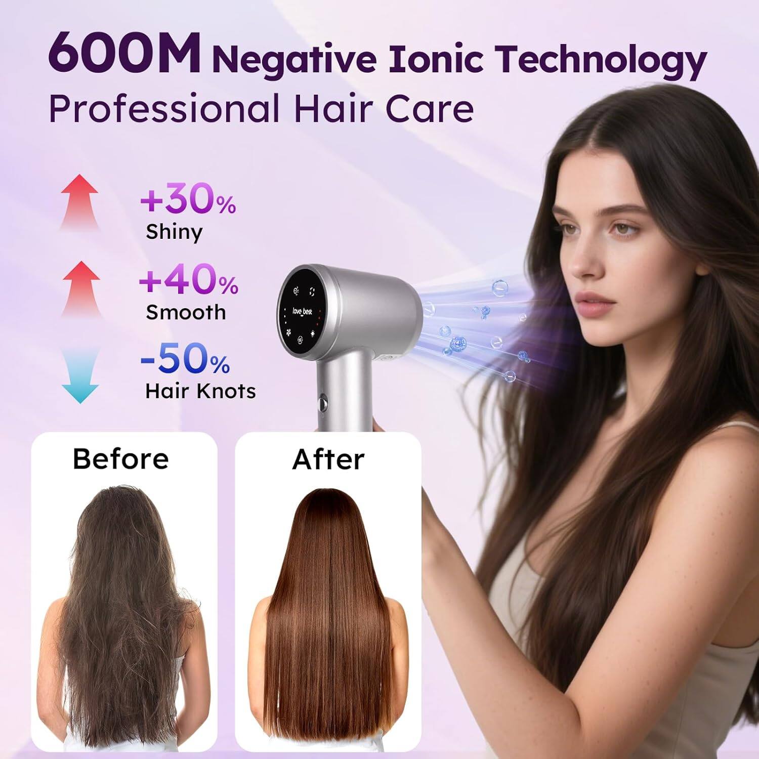 600M Negative Ionic Technology Professional Hair Care

+30% Shiny  
+40% Smooth  
-50% Hair Knots

Before  
After