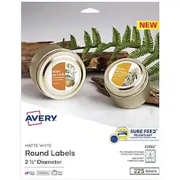 Avery - Print-to-the-Edge Laser/Inkjet Round Labels, 2 1/2" Dia, 225 Labels/Pack - White