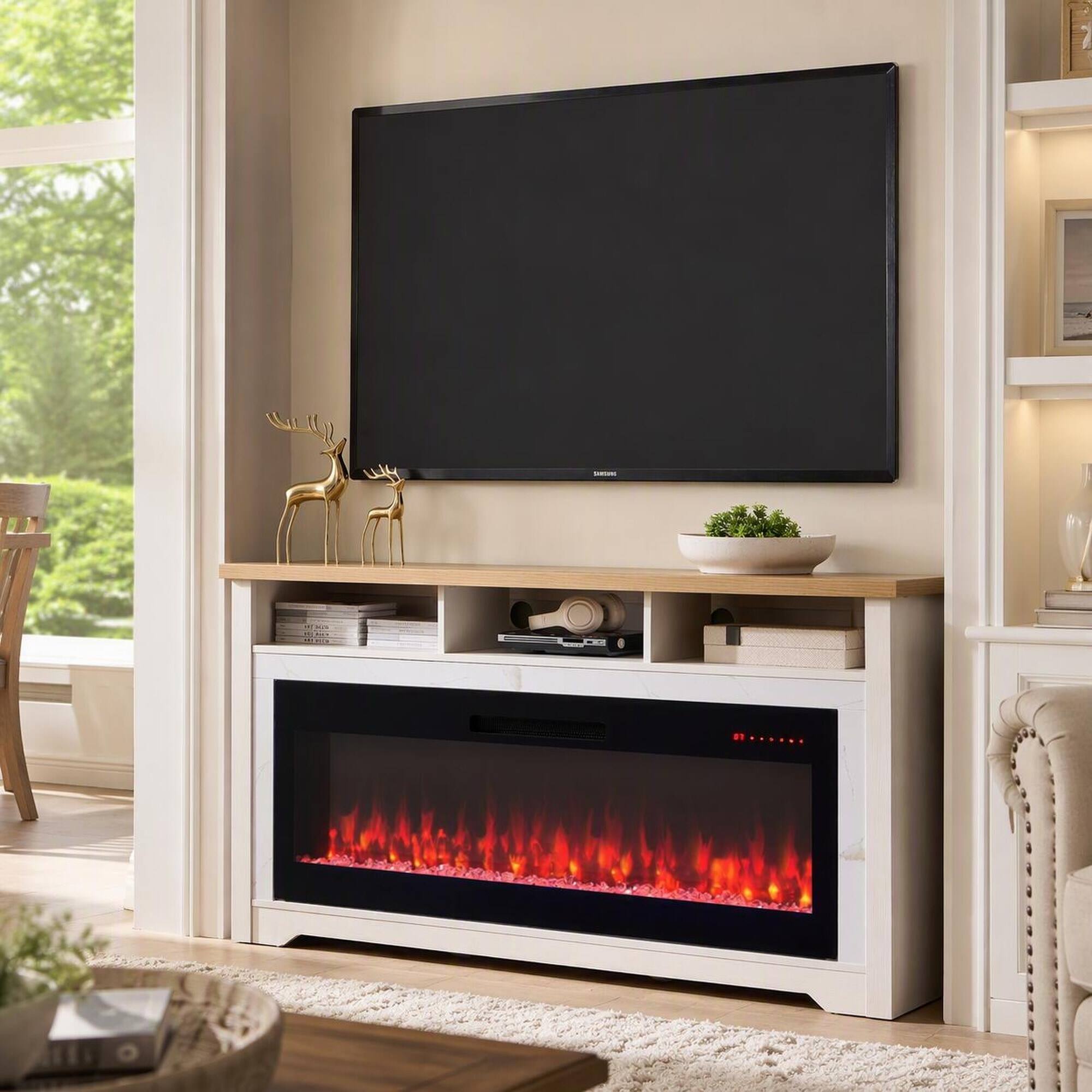Front. RYHNUYNE - 60 Inch White Fireplace TV Stand With 50 Inch Smart Electric Fireplace, Fits Up To 70 Inch TVs For Living Room - Cream White.