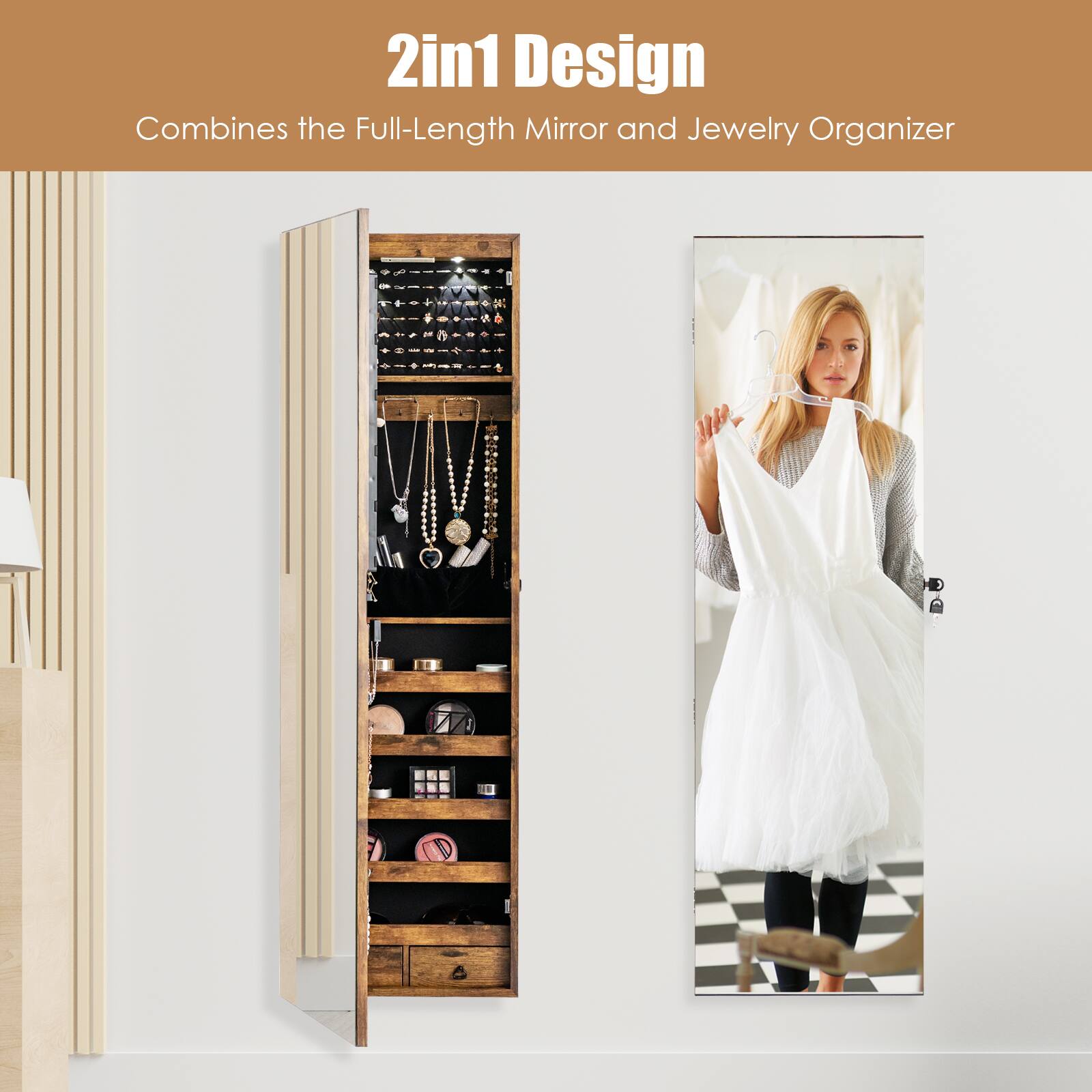 2in1 Design combines the full-length mirror and jewelry organizer.