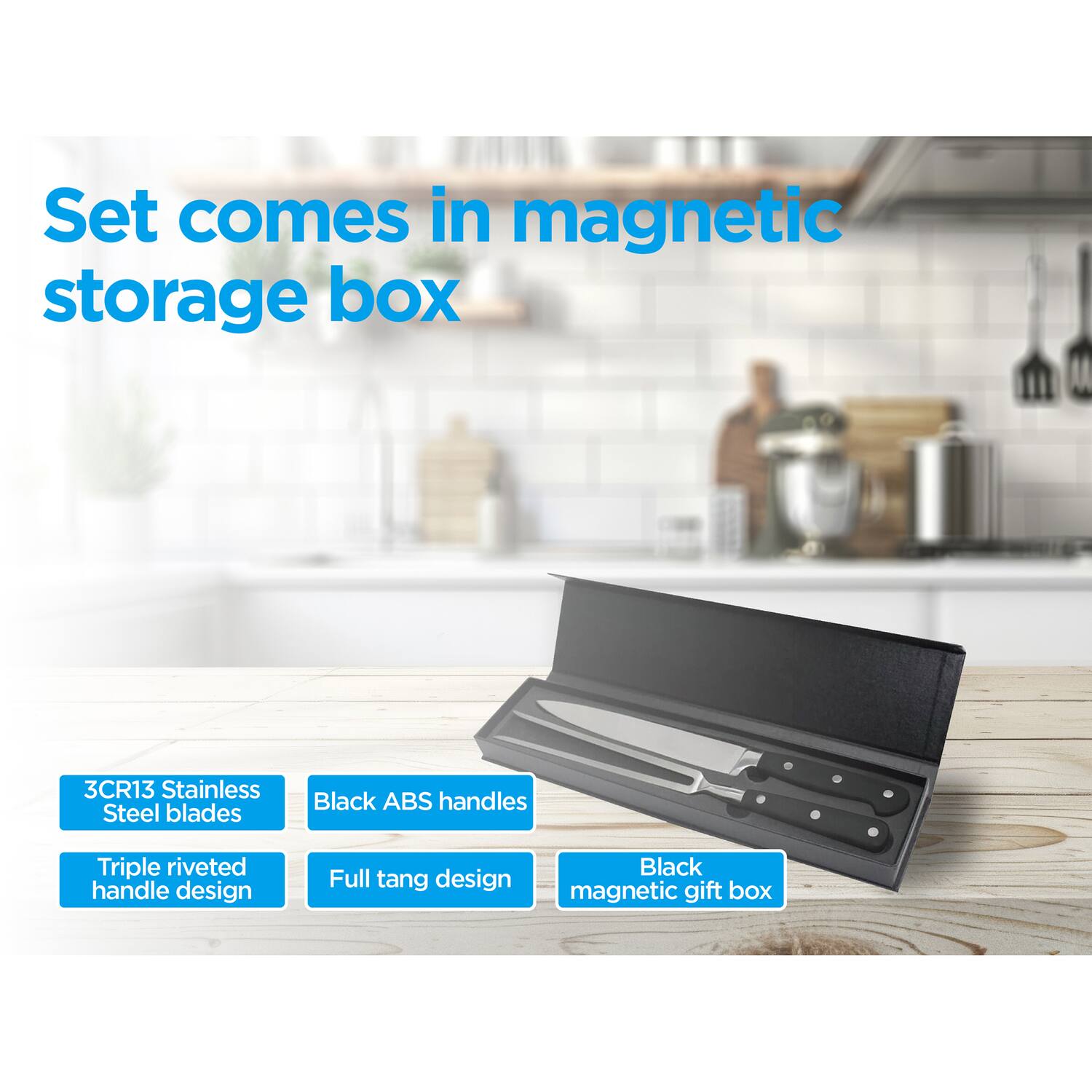 Set comes in magnetic storage box  
3CR13 Stainless Steel blades  
Black ABS handles  
Triple riveted handle design  
Full tang design  
Black magnetic gift box