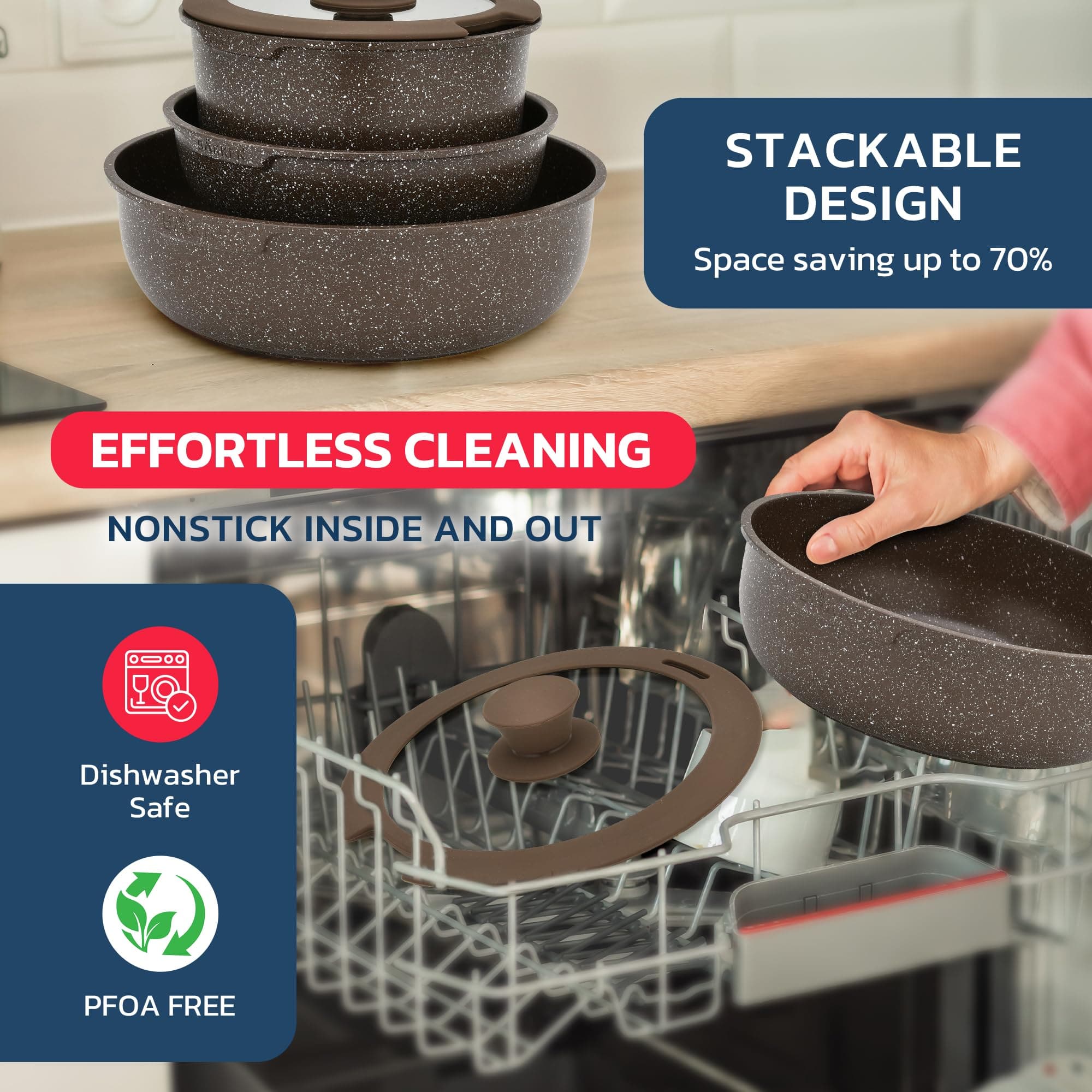 STACKABLE DESIGN, Space saving up to 70%, EFFORTLESS CLEANING, NONSTICK INSIDE AND OUT, Dishwasher Safe, PFOA FREE
