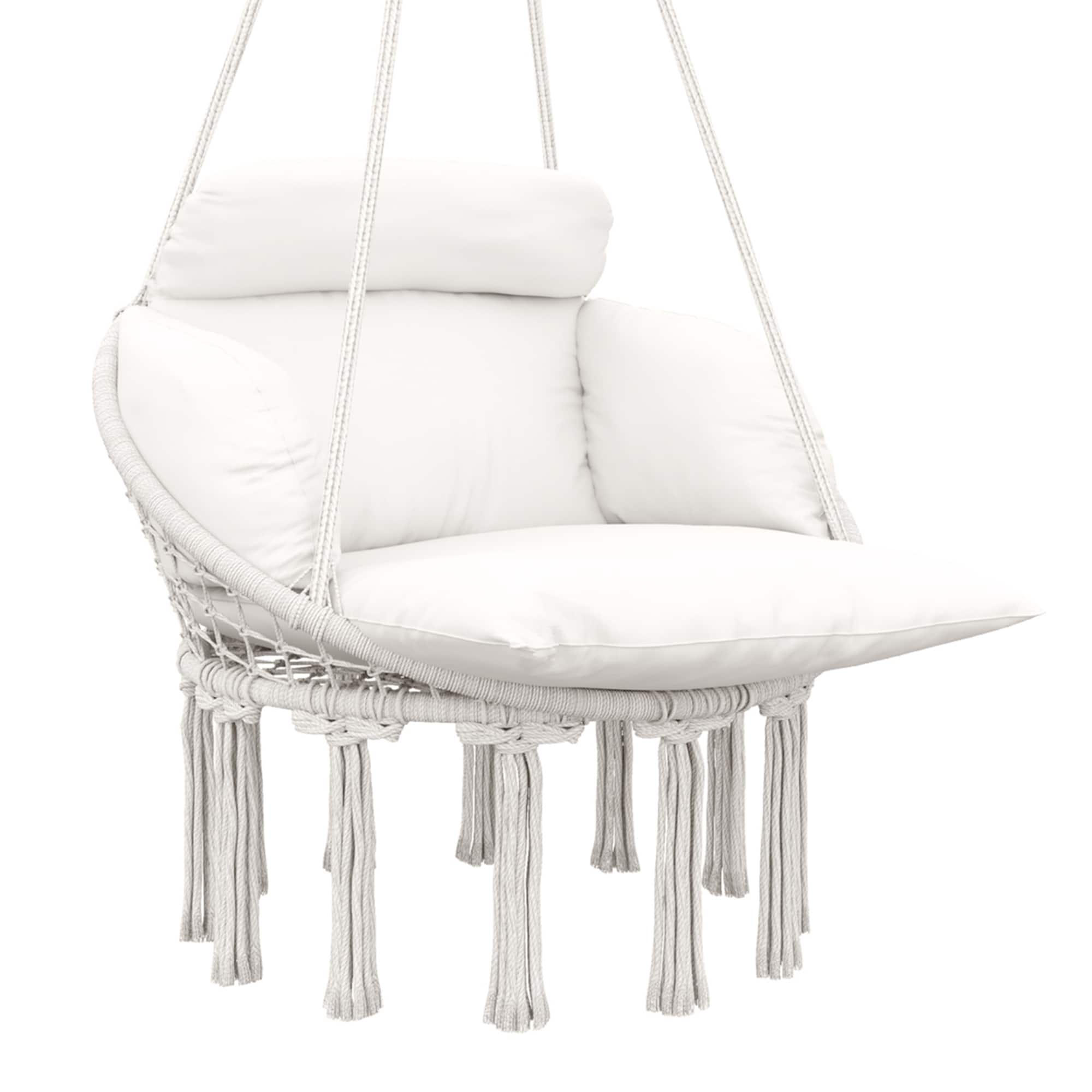 Outsunny - Hammock Swing Chair, Outdoor Hanging Chair with Large Cushion, Cotton Rope Weaving Macrame Swing with Chain - Cream White