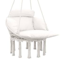 Outsunny - Hammock Swing Chair, Outdoor Hanging Chair with Large Cushion, Cotton Rope Weaving Macrame Swing with Chain - Cream White