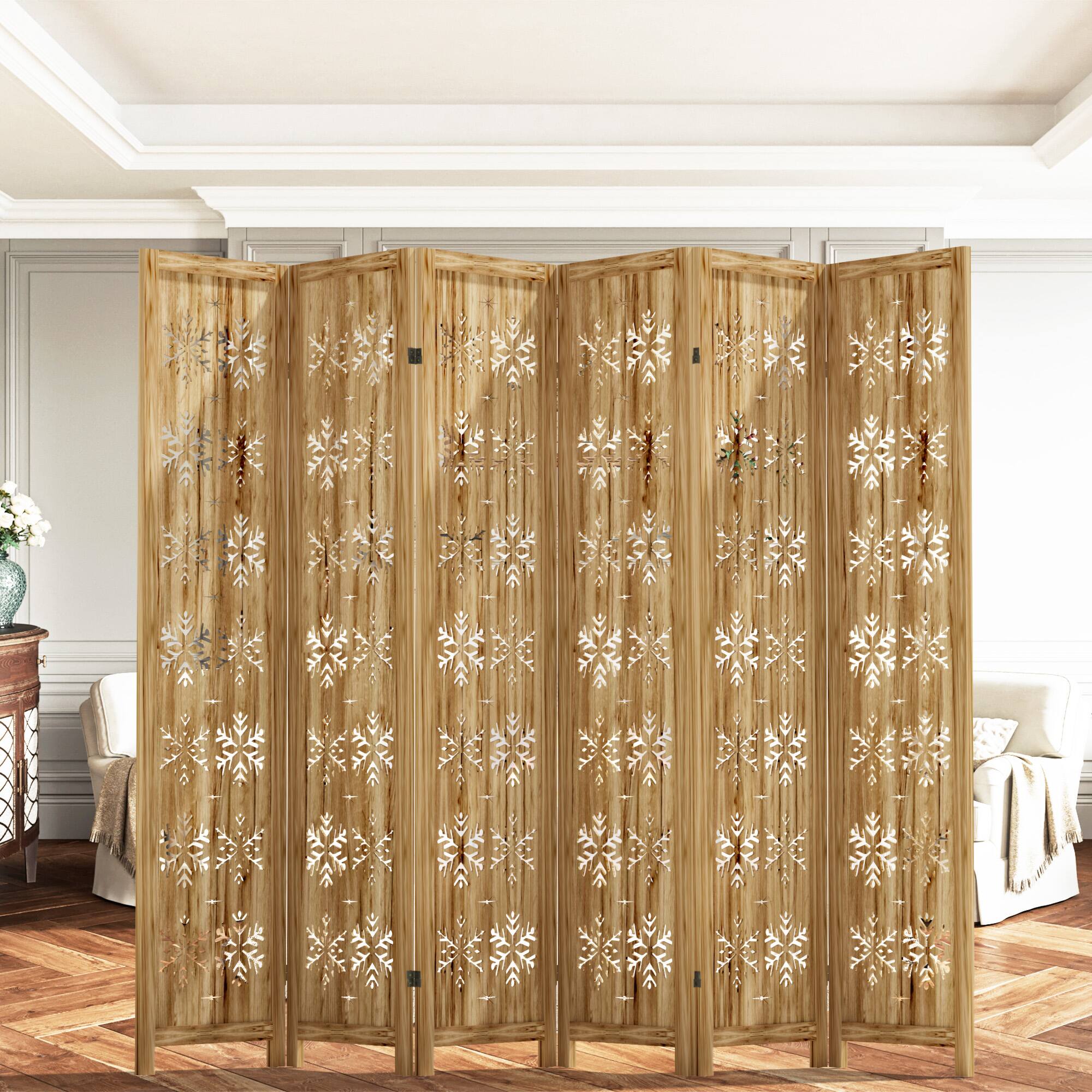 Alt View 3. PexFix - Room Divider, 6-Panel Freestanding Wood Screen, Snow Pattern, 67 in. H Folding Privacy Screen for Office, Bedroom - Natural.