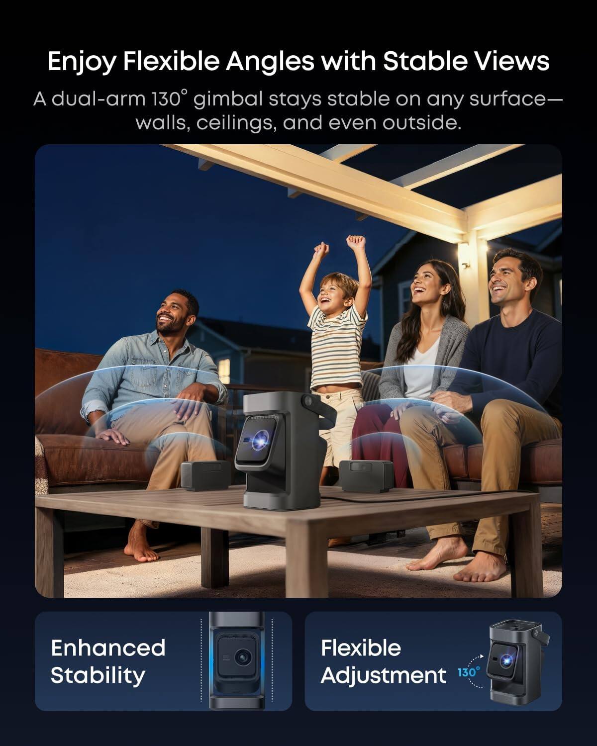 Enjoy Flexible Angles with Stable Views

A dual-arm 130° gimbal stays stable on any surface—walls, ceilings, and even outside.

Enhanced Stability

Flexible Adjustment 130°