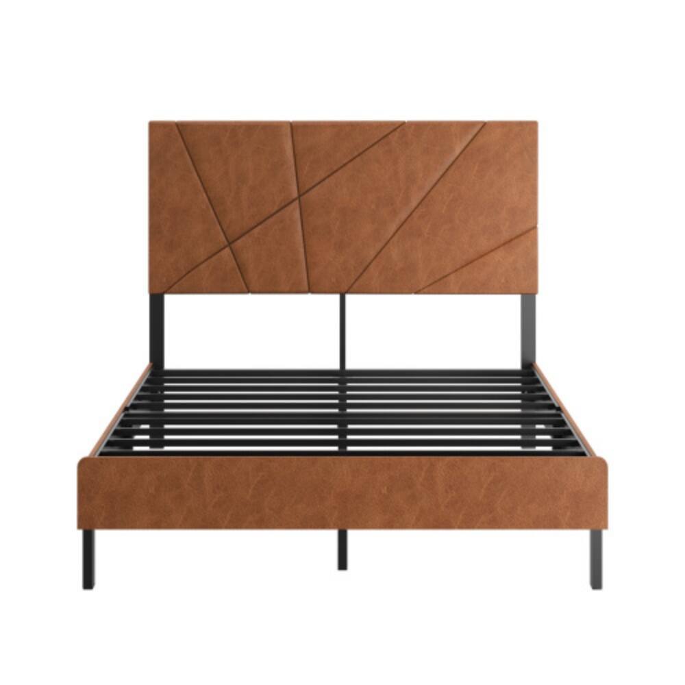 Alt View 3. LUCKY ONE - Full Size Metal Platform Bed Frame with Upholstered Headboard, Square Design, Under-Bed Storage, No Box Spring Needed - Antique brown.