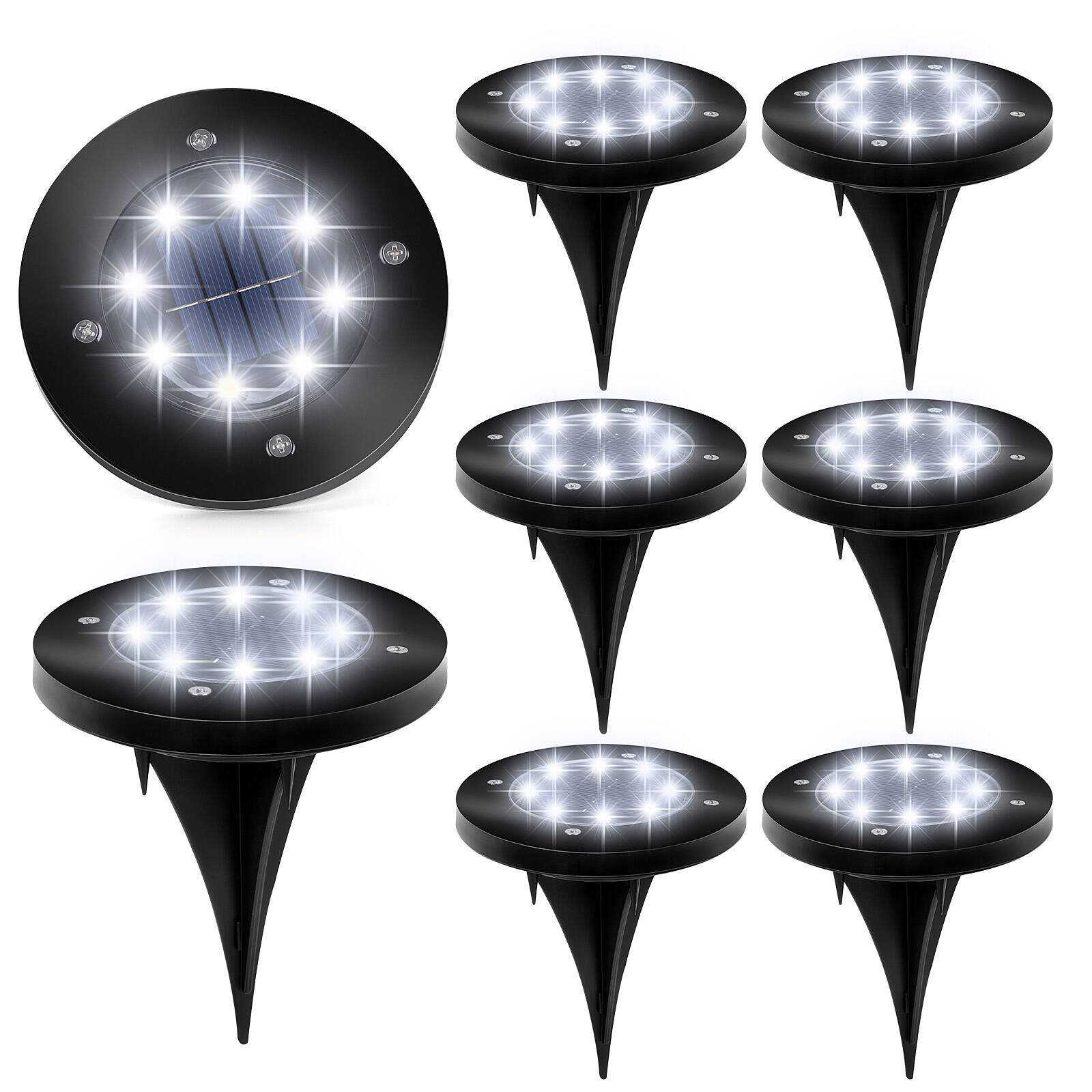 Angle. Oumilen - 8-Pack Solar Ground Lights, 8 LED Cool White Solar Disk Lights IP65 Waterproof Stainless Steel In-Ground for Yard.