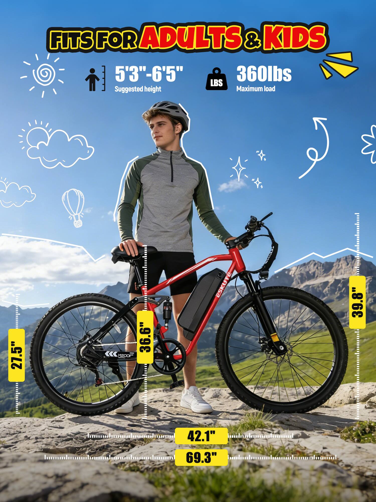 FITS FOR ADULTS & KIDS  
5'3" - 6'5"  
Suggested height  
360lbs  
Maximum load  

27.5"  
36.6"  
39.8"  
42.1"  
69.3"
