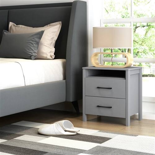 Angle. Hivvago - Modern 2-Drawer Bedside Table Nightstand with Open Shelf in Grey Wood Finish - Grey.